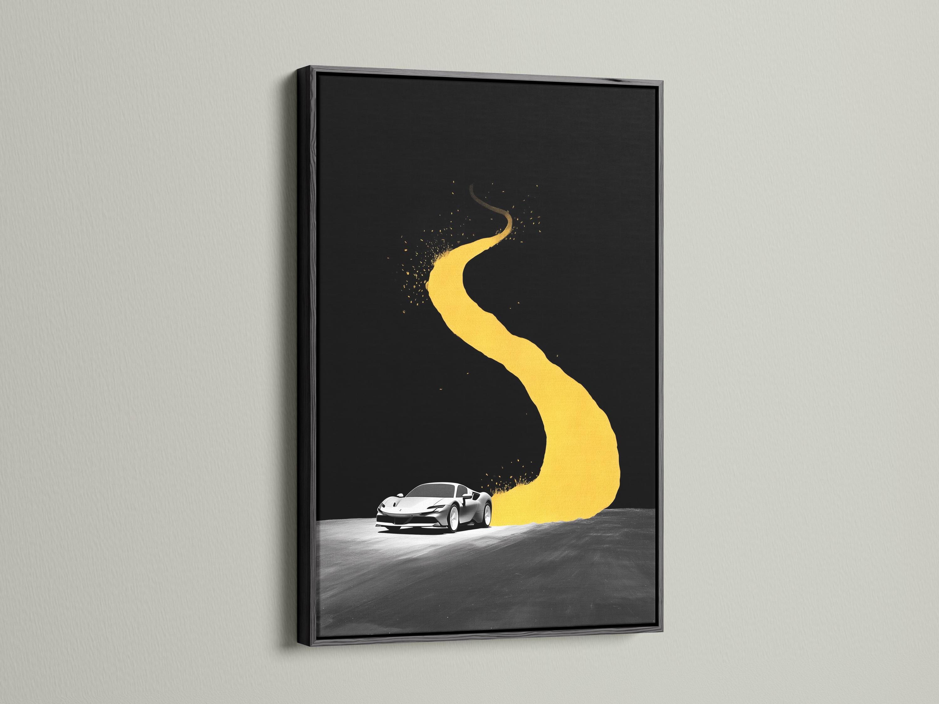 Stylised sports car on a dark road with a looping yellow track shape detail view