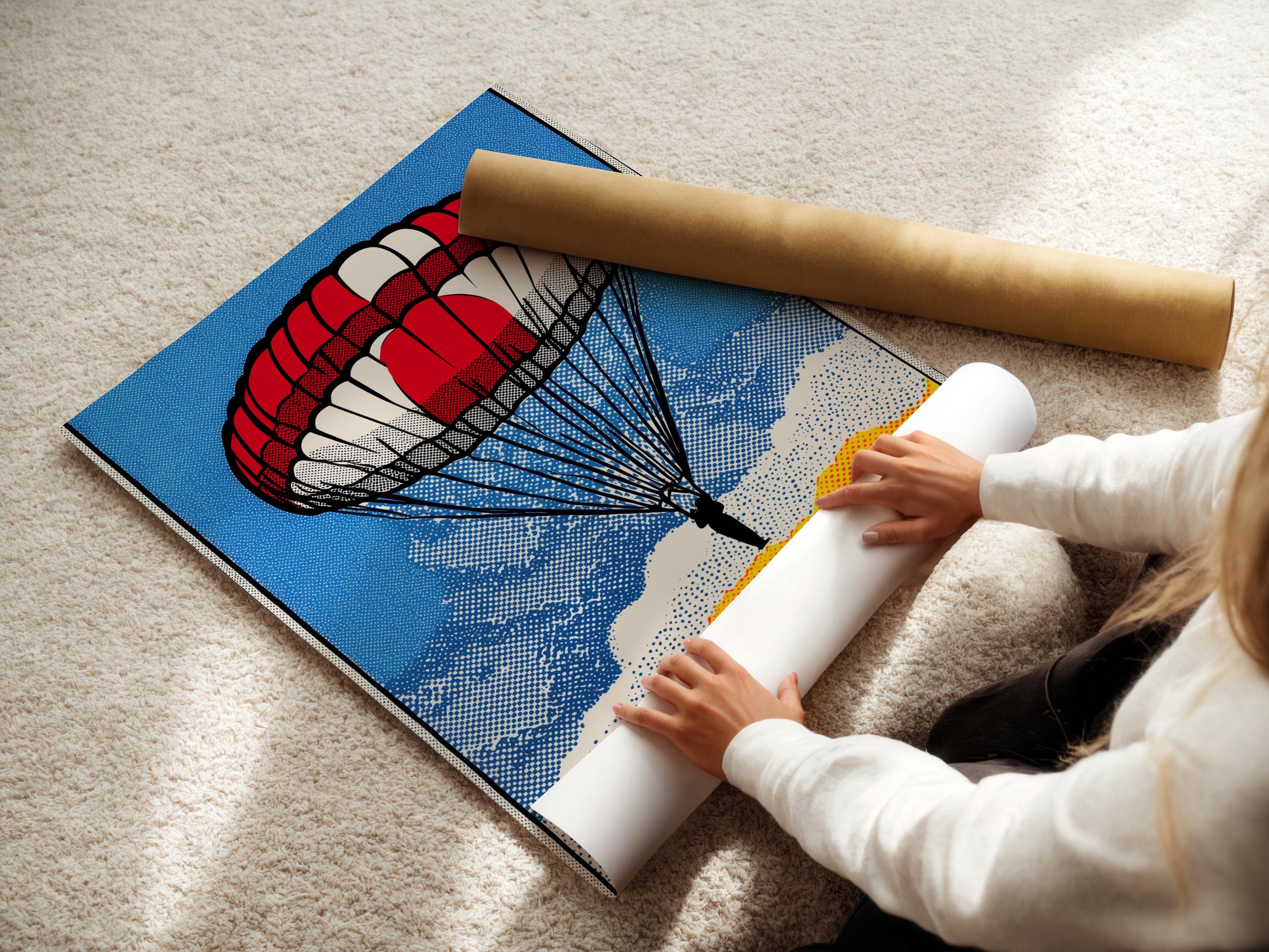 Red and white parachute pop art scene with blue dotted sky and clouds detail view