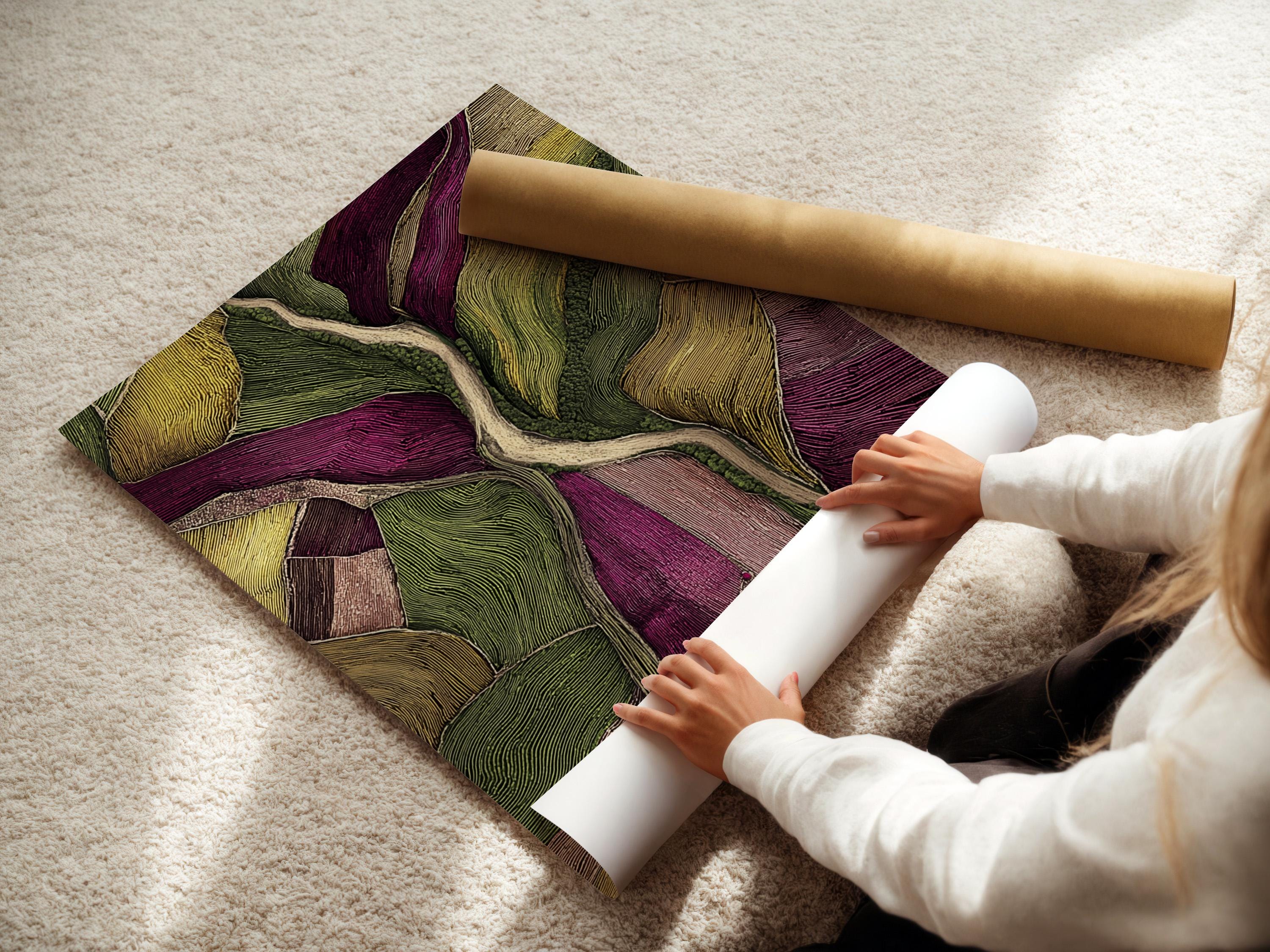 Room mockup with a framed abstract landscape artwork in green and plum tones
