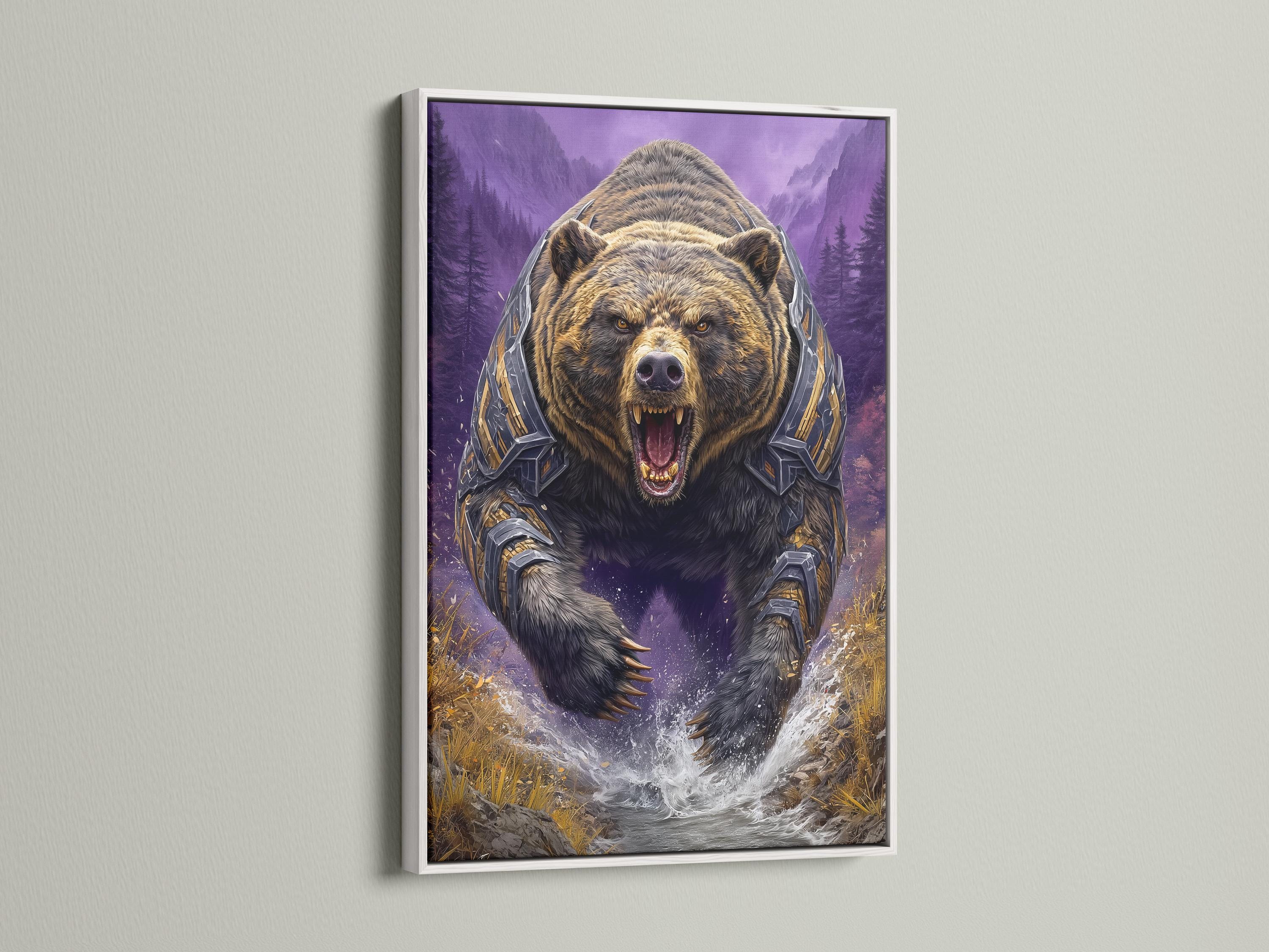 Roaring armoured bear in a purple mountain fantasy scene with gold accents and a white splash detail view