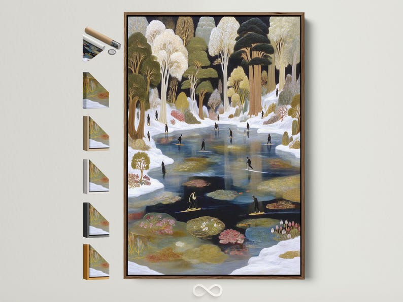 A winter pond landscape shows snow-covered trees with gold-toned accents and figures gliding on an icy waterway