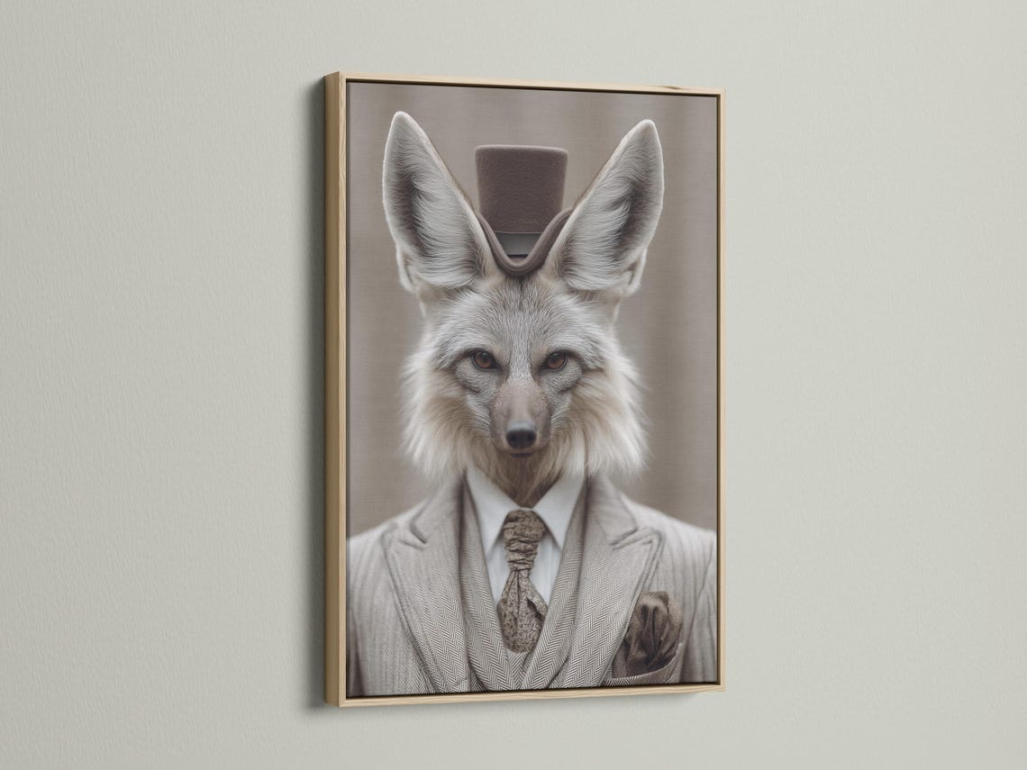 Portrait of a grey fox dressed as a gentleman with upright ears, suit collar and bow tie detail view