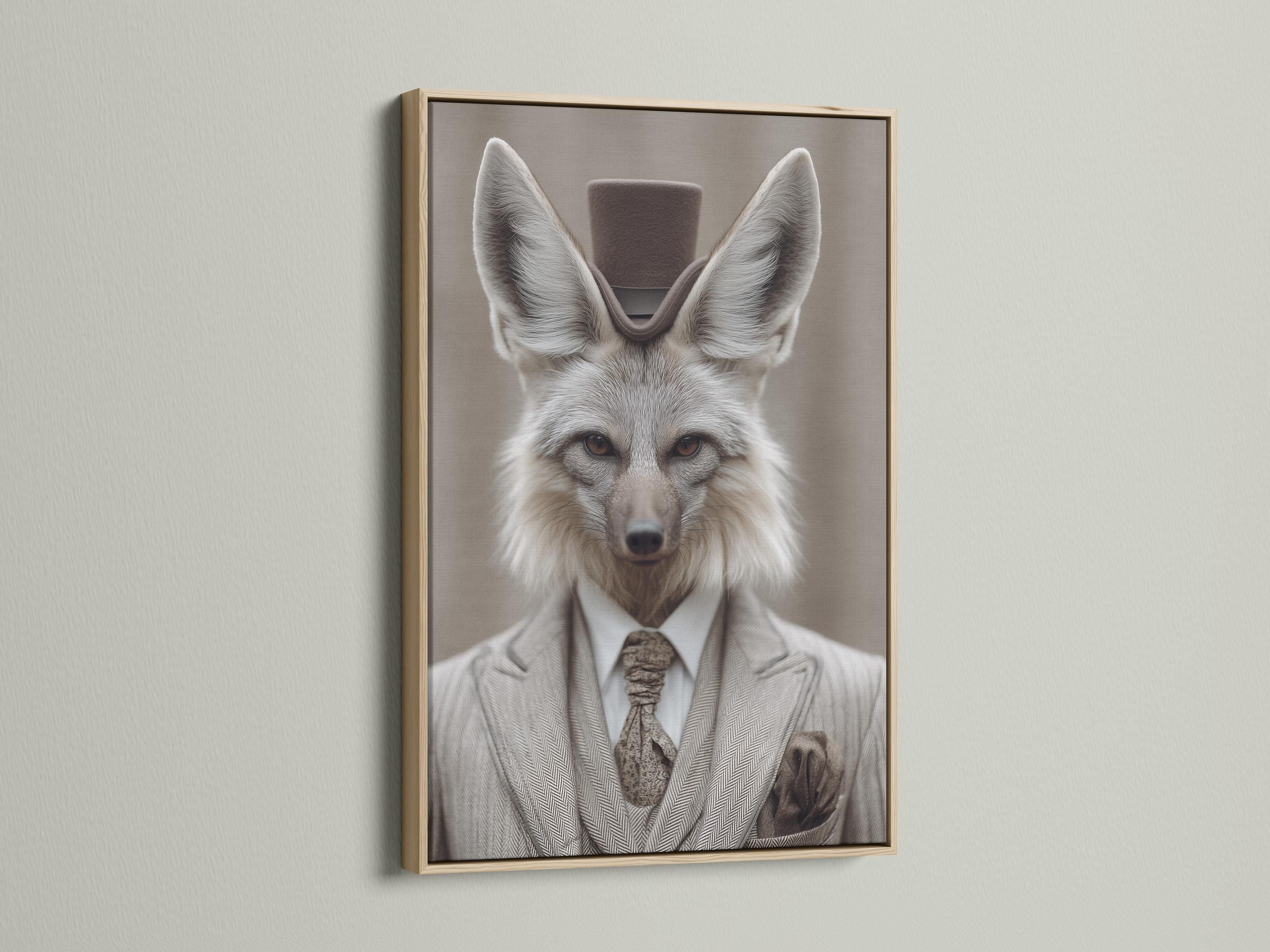 Portrait of a grey fox dressed as a gentleman with upright ears, suit collar and bow tie detail view