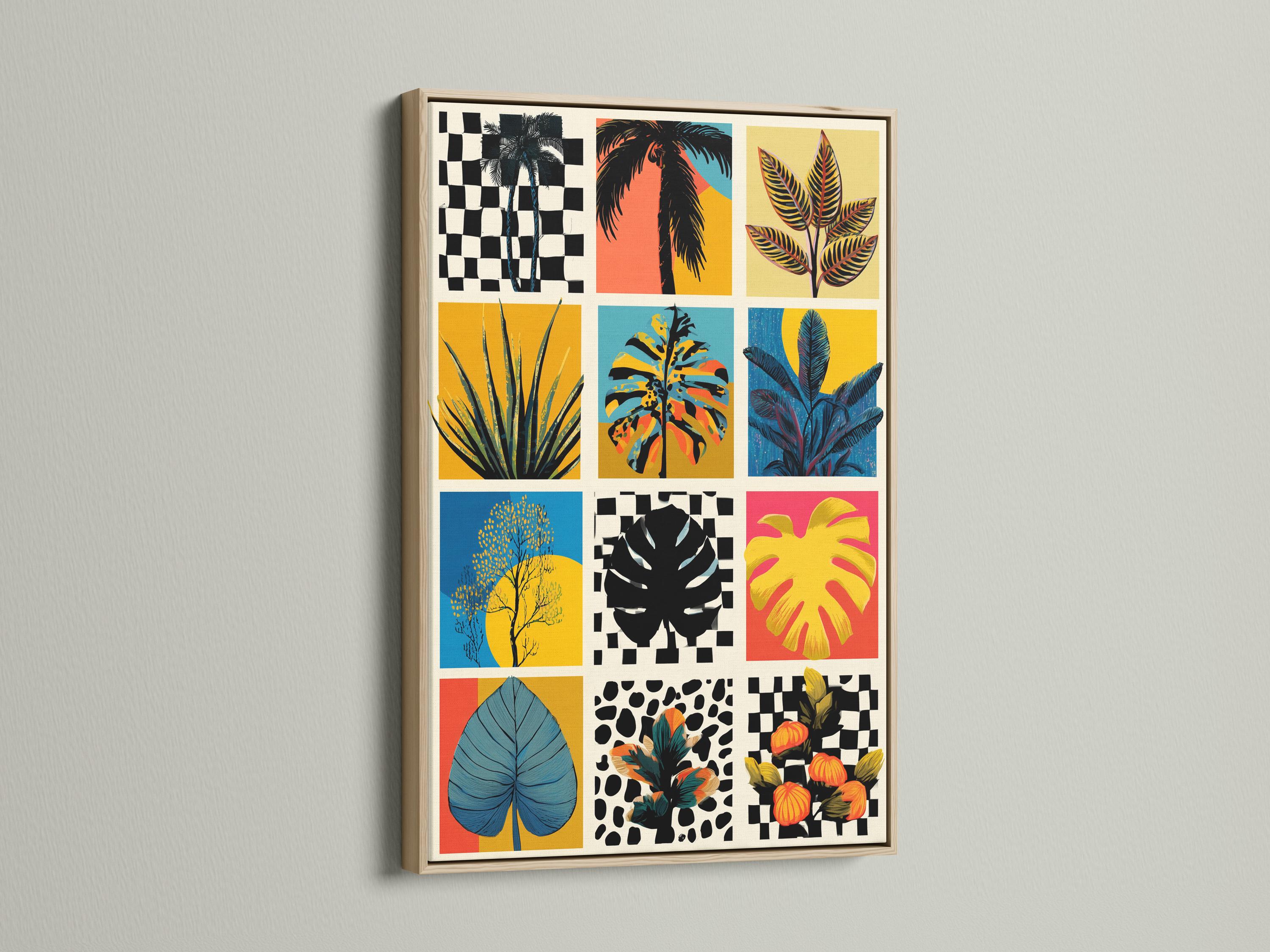 Retro tropical botanical collage on a framed grid, shown in a room mockup with extra artwork