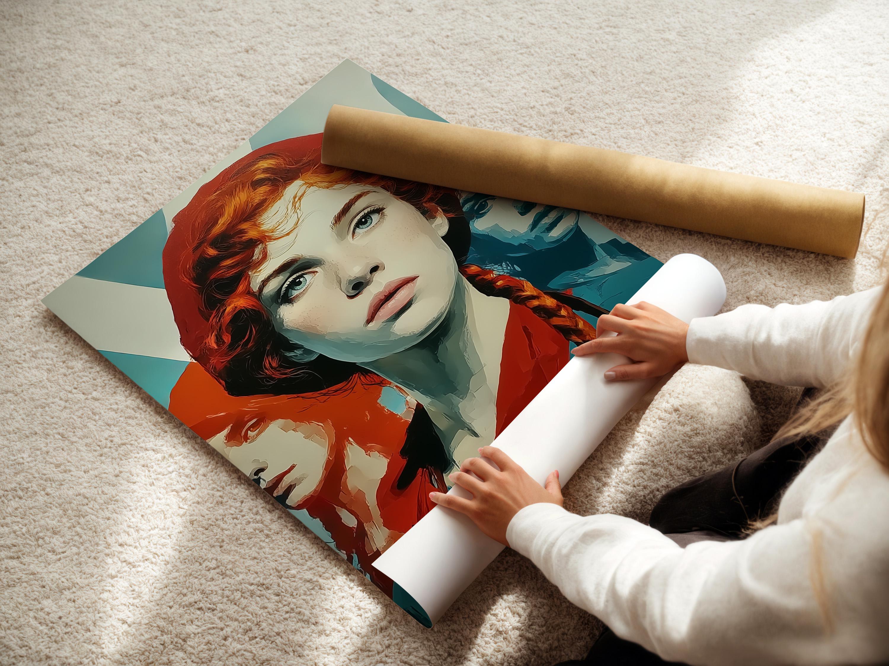 Retro pop-art portrait of a red-haired woman with teal and orange colour blocks detail view
