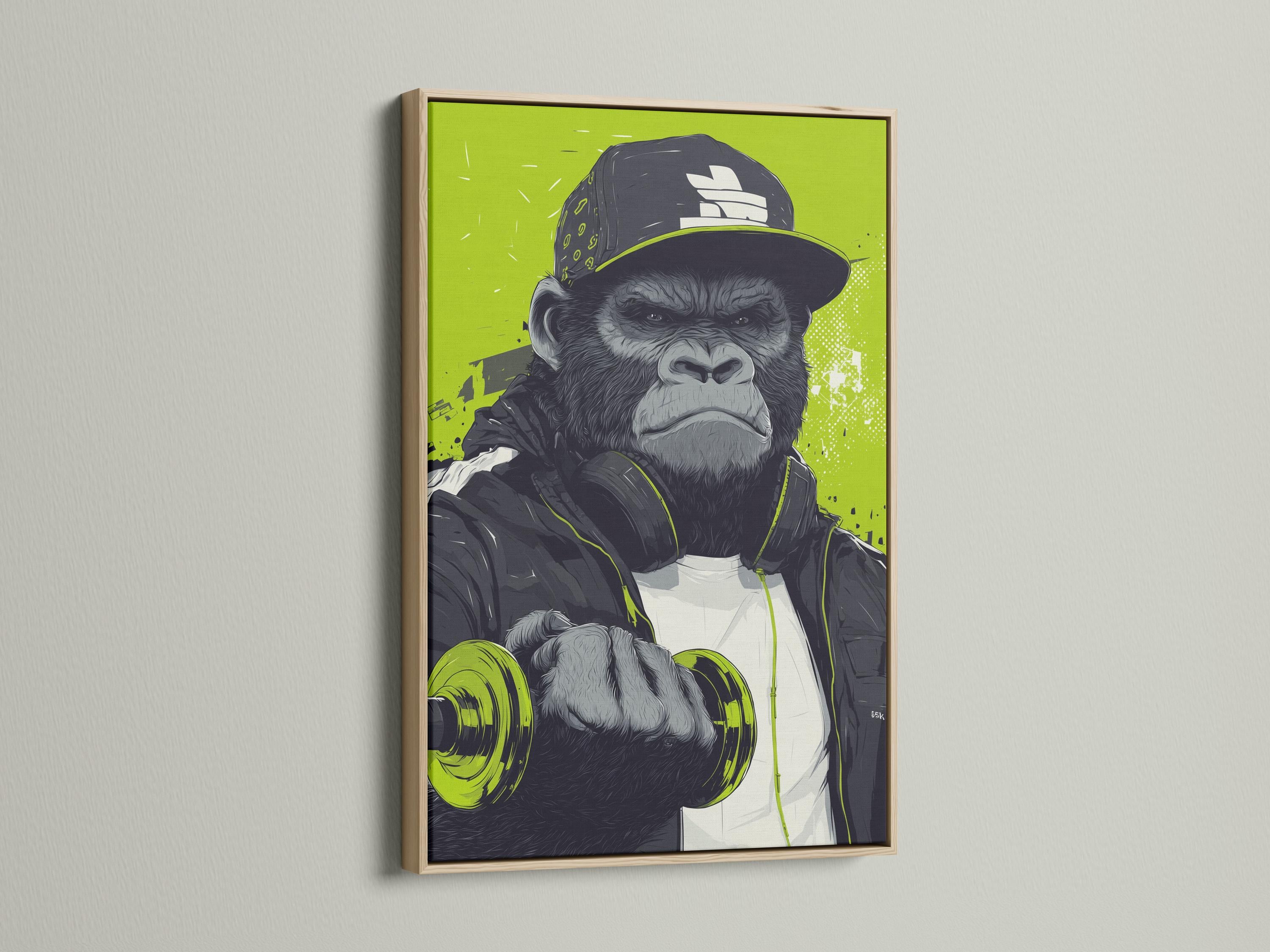 Mockup showing a framed gorilla barbell street-art image with a neon lime green background