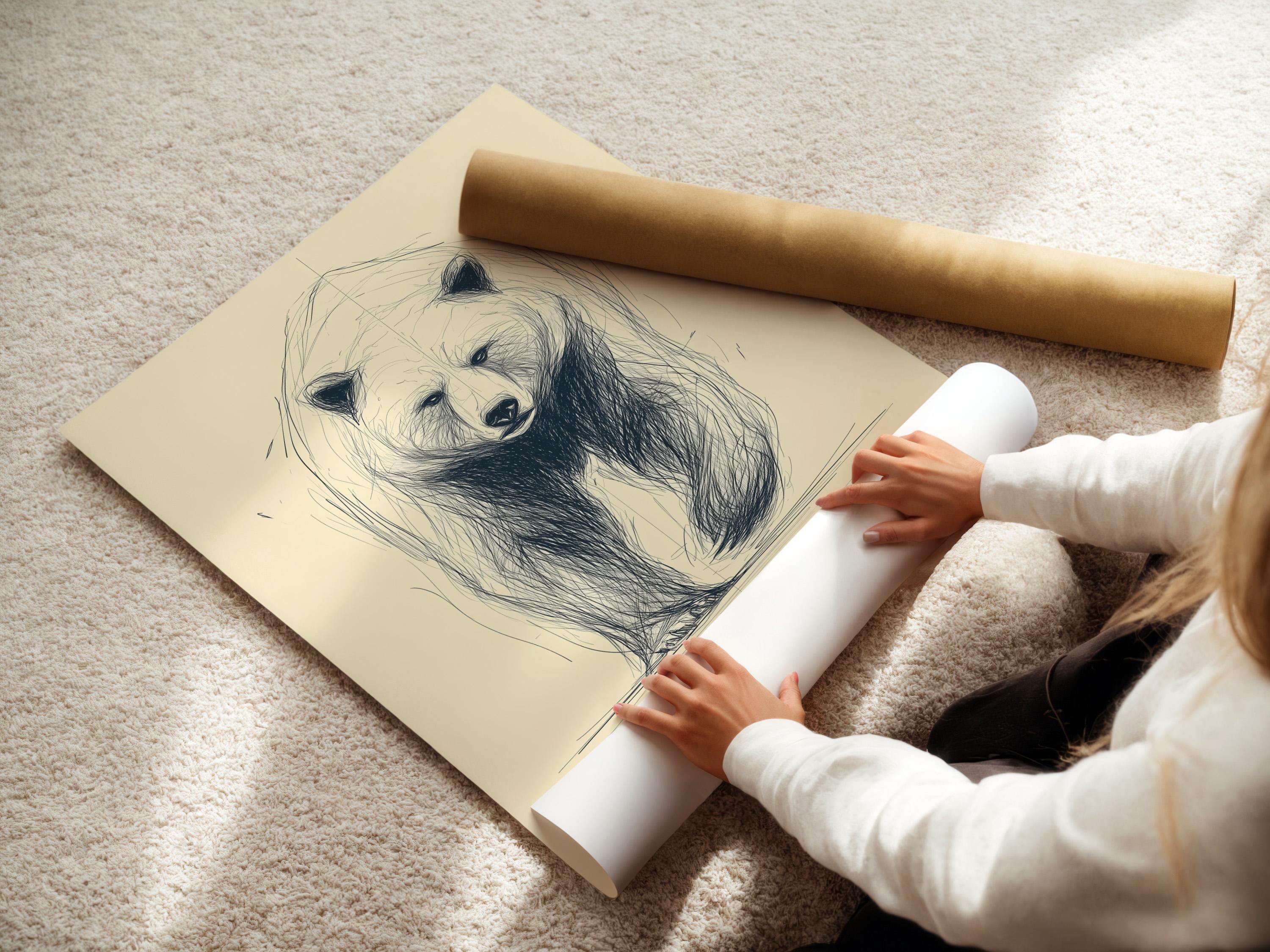 Minimalist sketch of a bear face and upper body with blue-grey lines on a cream background detail view
