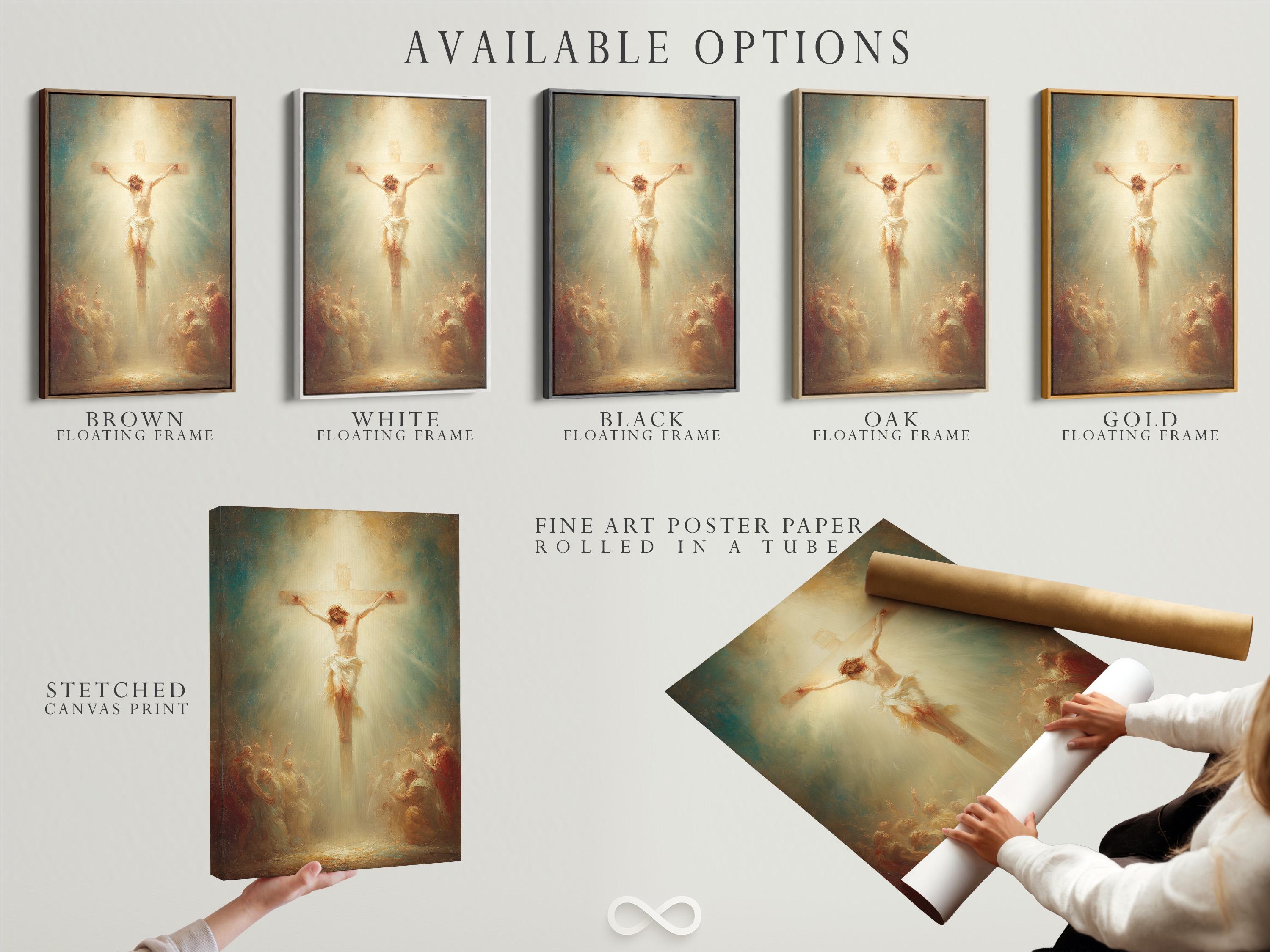 Crucifixion scene with a central figure on a cross and a glowing cream background detail view