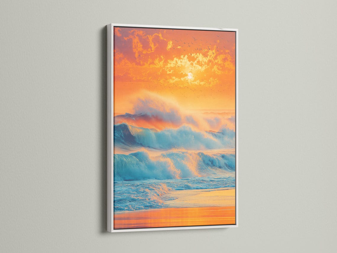 Sunset seascape with teal ocean waves, orange and gold sky, sun glow, and bird silhouettes detail view