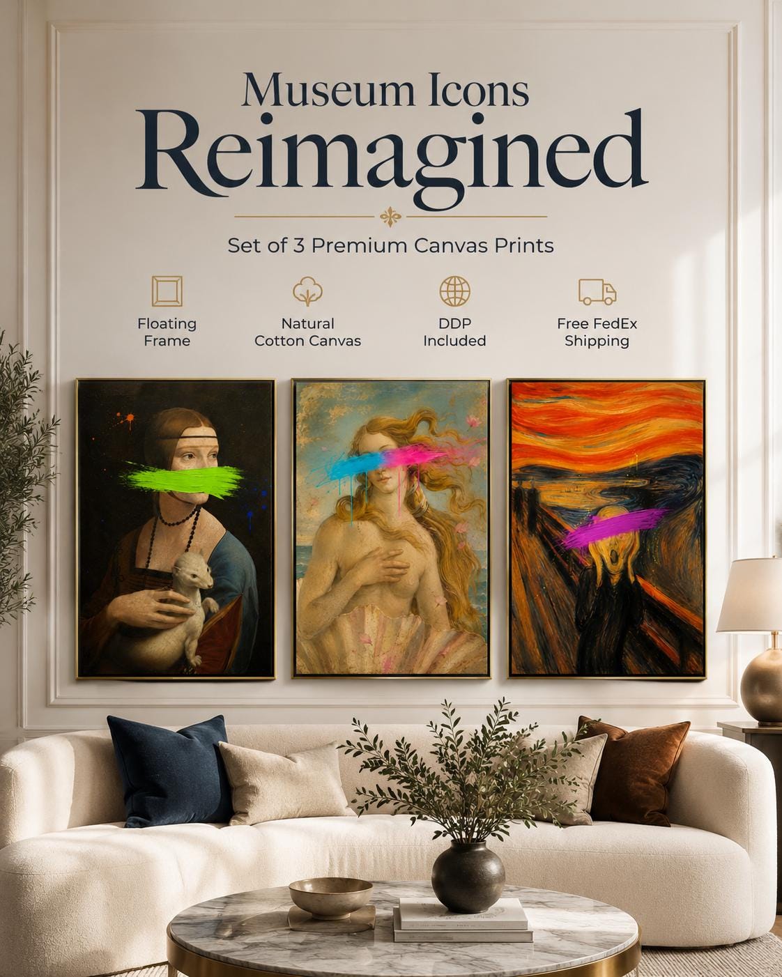 Three framed classical portrait panels with neon brushstrokes across the faces and eyes detail view