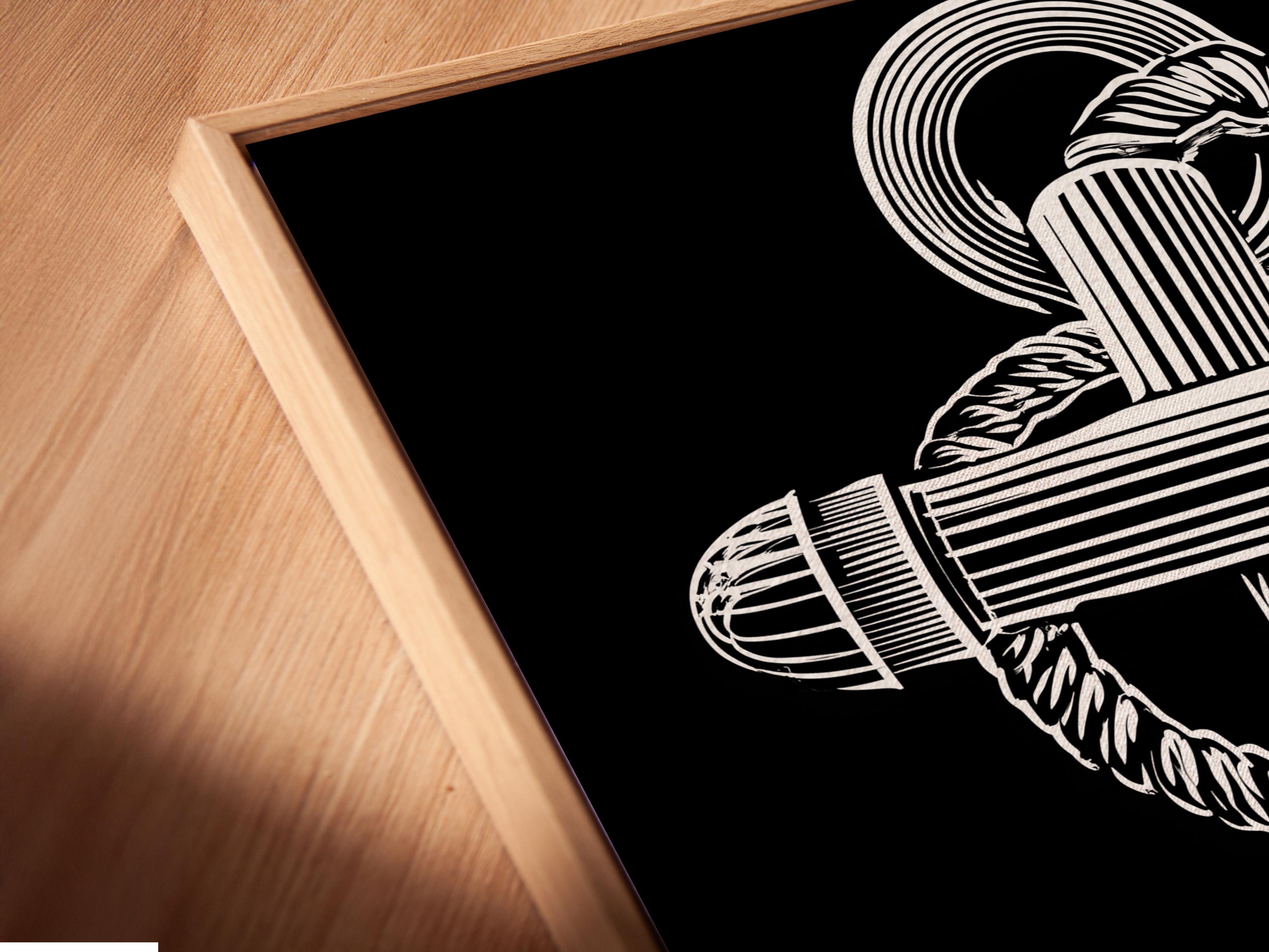 Black and white anchor line art with a profile figure and circular ring halo detail view