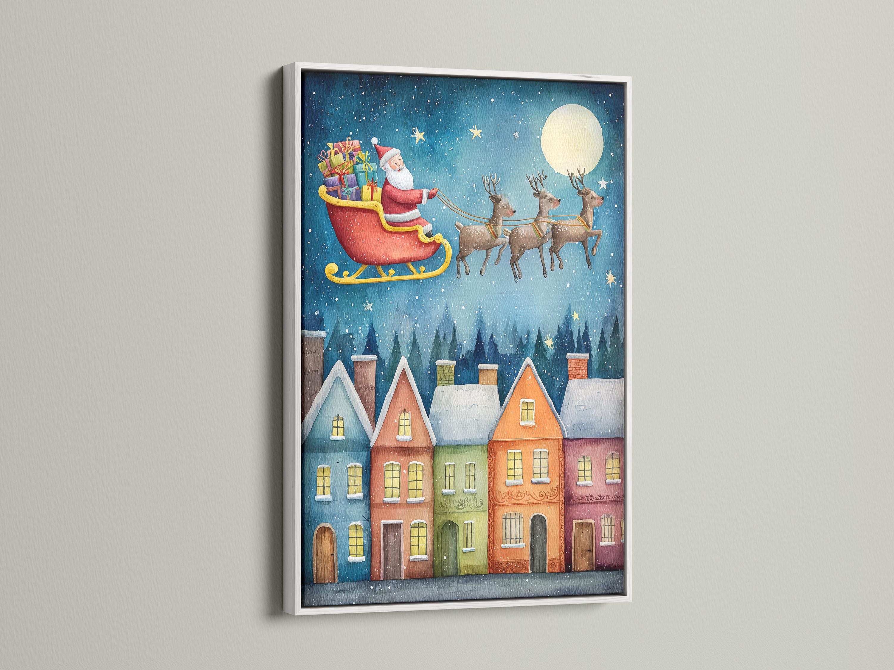 Illustrated Christmas night scene of Santa flying a sleigh with reindeer over a snowy town with glowing windows detail view
