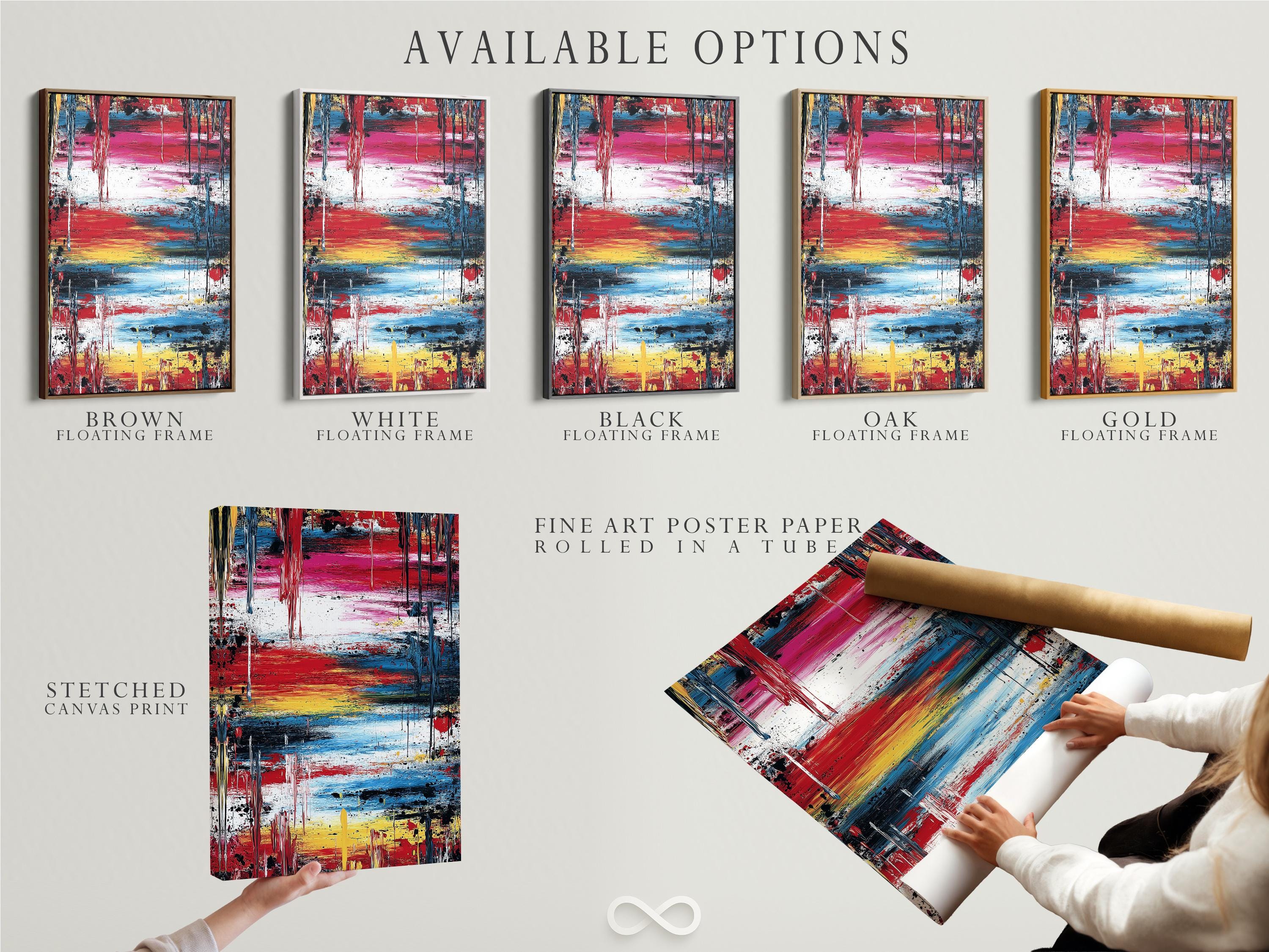 Abstract expressionist painting with red, blue, yellow, white and dark drips detail view