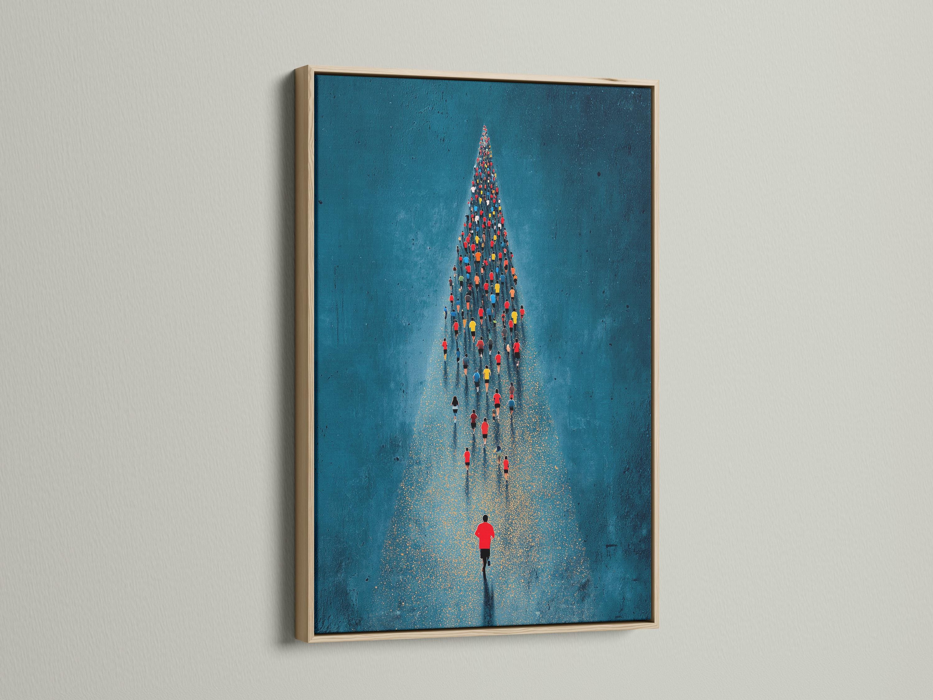 Teal-blue running crowd scene with a lone red-shirt runner and gold speckled path detail view