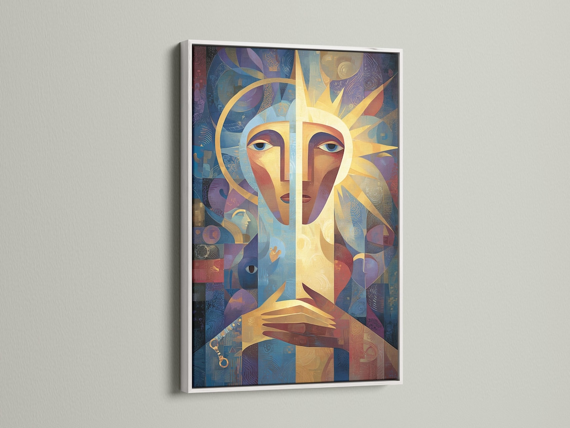 An abstract, geometric portrait of a woman-like face dominates the centre, with blue, gold and coral shapes layered across a textured background