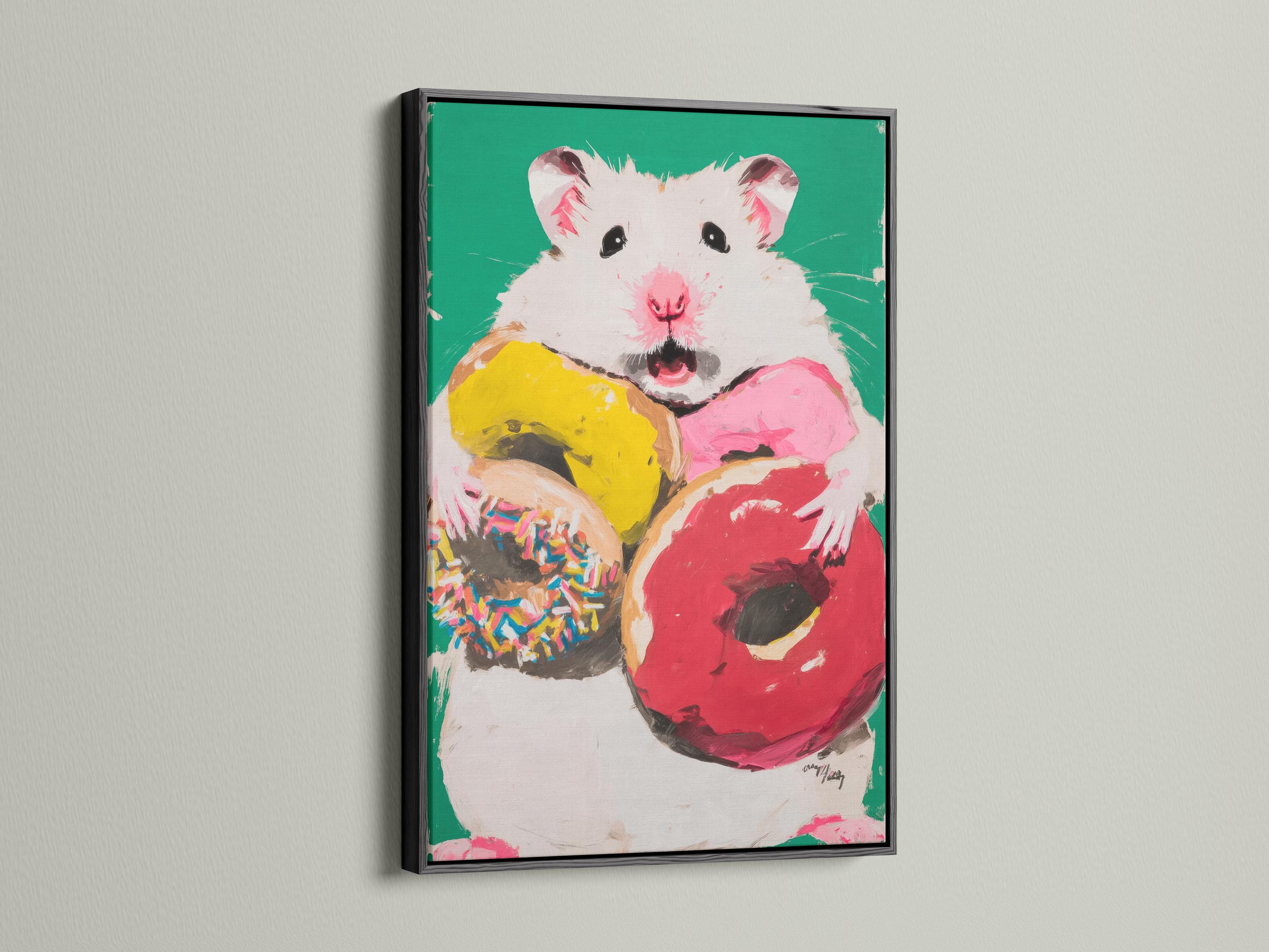 Cute hamster portrait holding a pink donut on a bright green background detail view