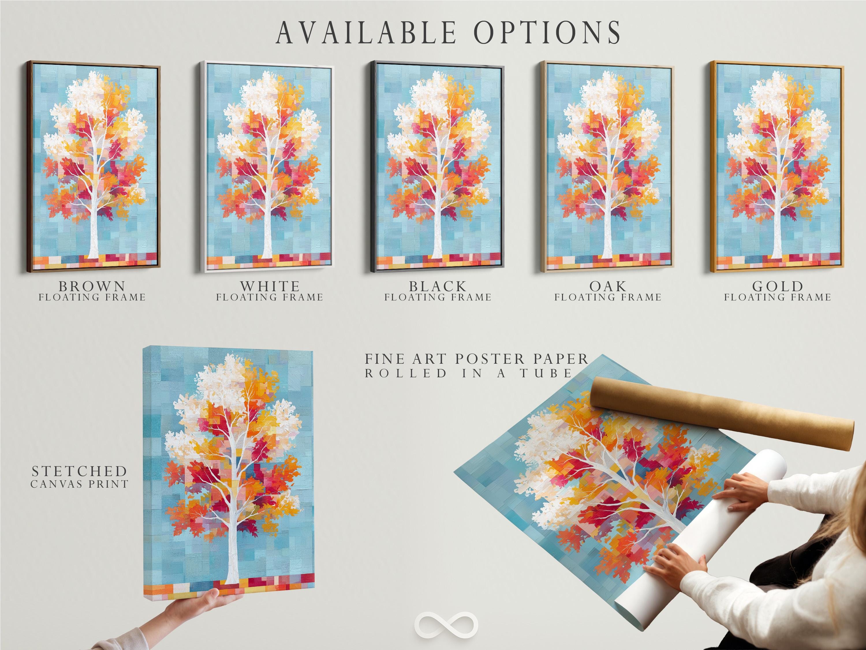 Stylised tree with white trunk, colourful autumn leaf blocks, and cool blue pixel background detail view