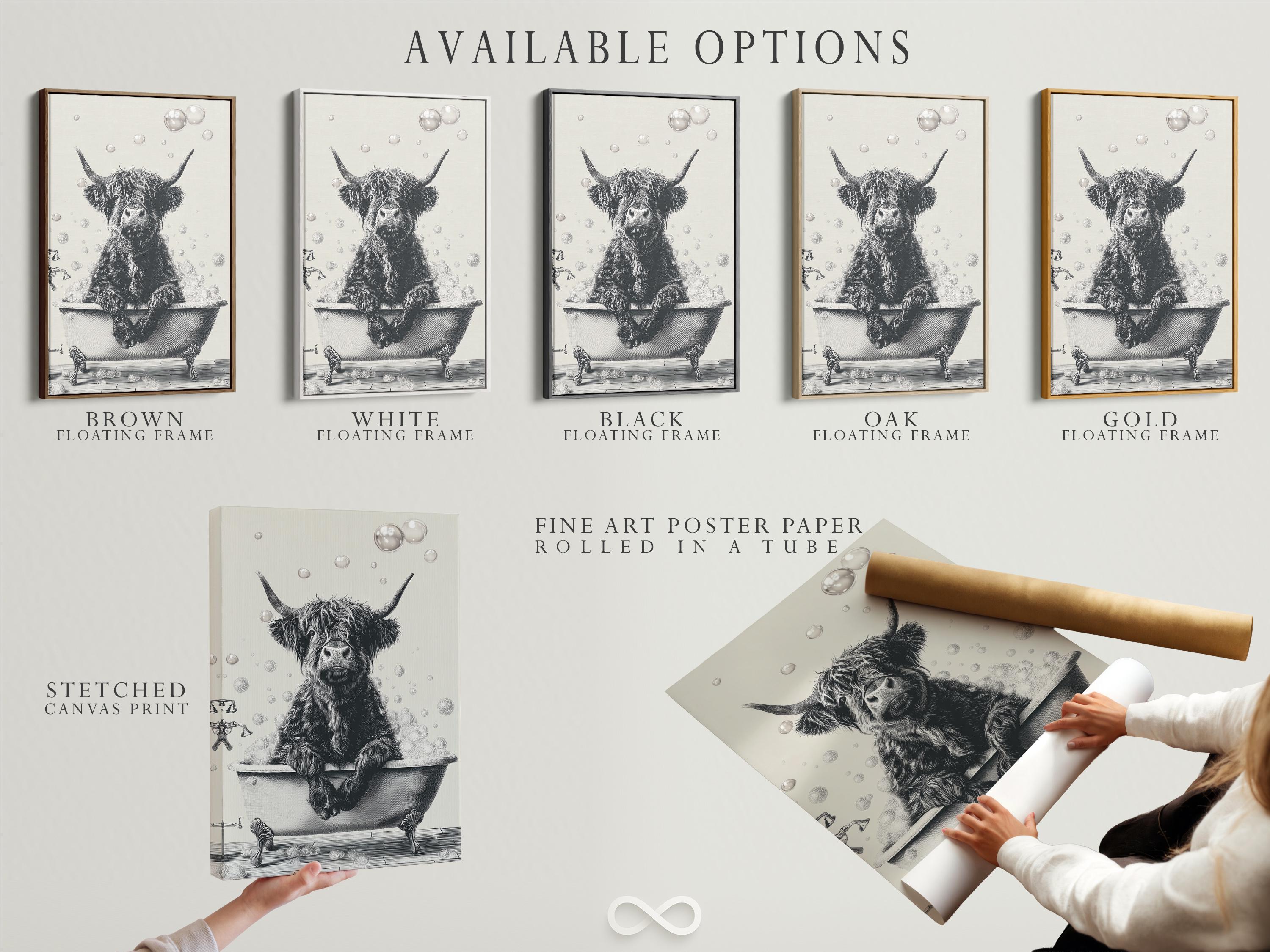 Woman holding a mug standing beside a framed monochrome highland cow bathtub artwork