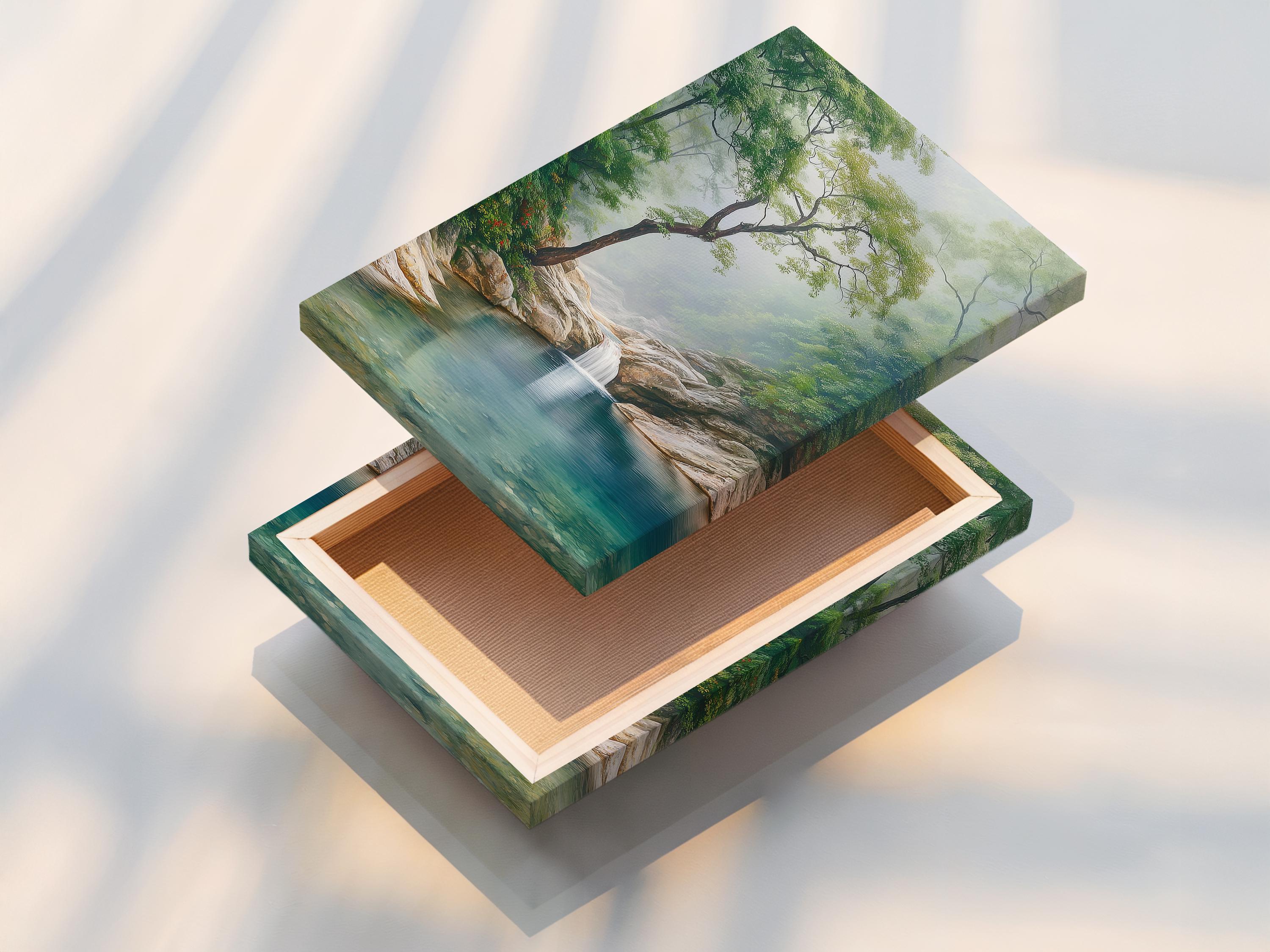 Misty forest waterfall scene with a leaning tree and a calm blue-green pool detail view
