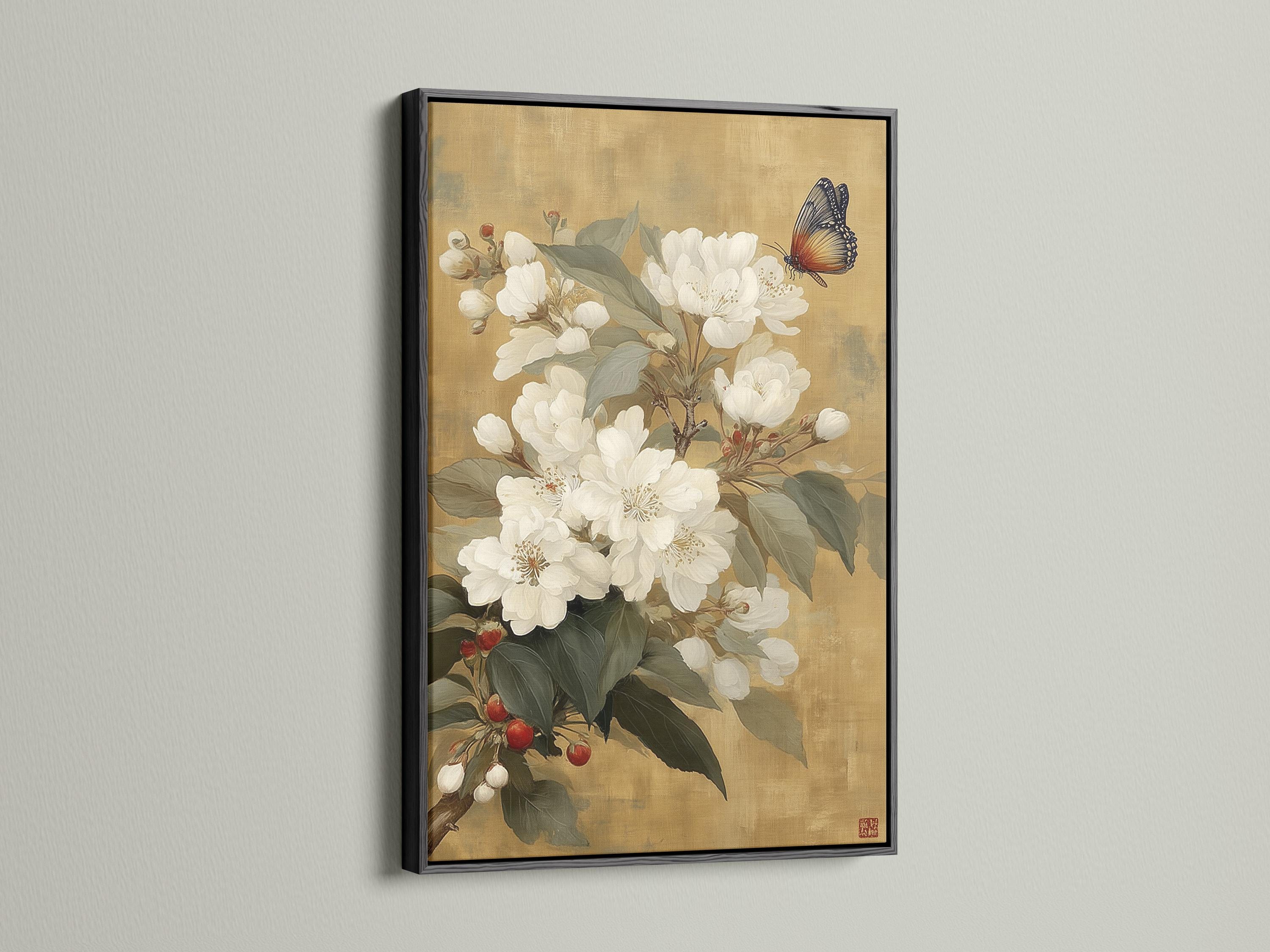 White blossom flowers with green leaves and a butterfly on a warm beige background detail view