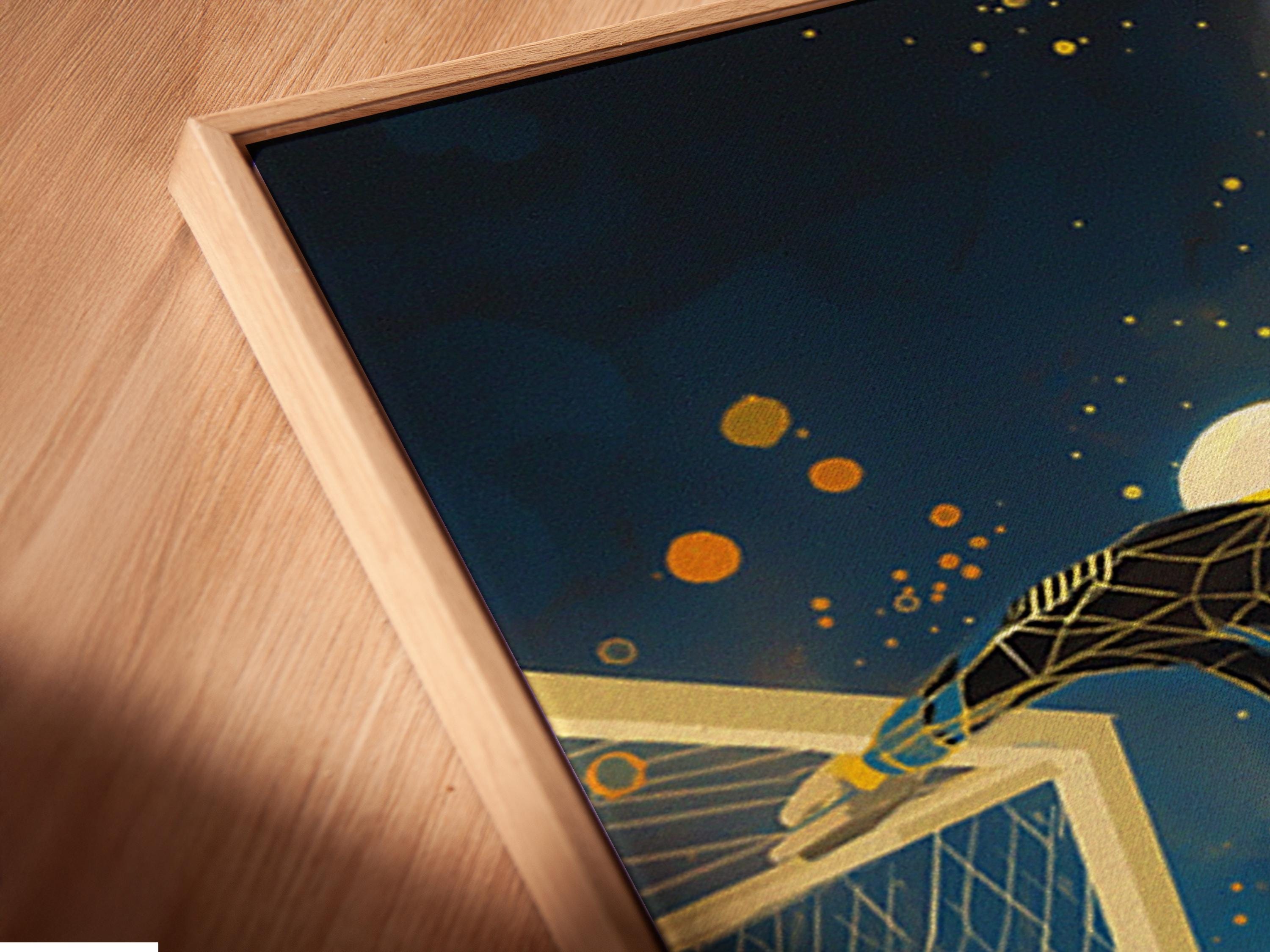 A stylised soccer goalkeeper reaching toward a glowing yellow ball with a goal net and colourful swirls detail view