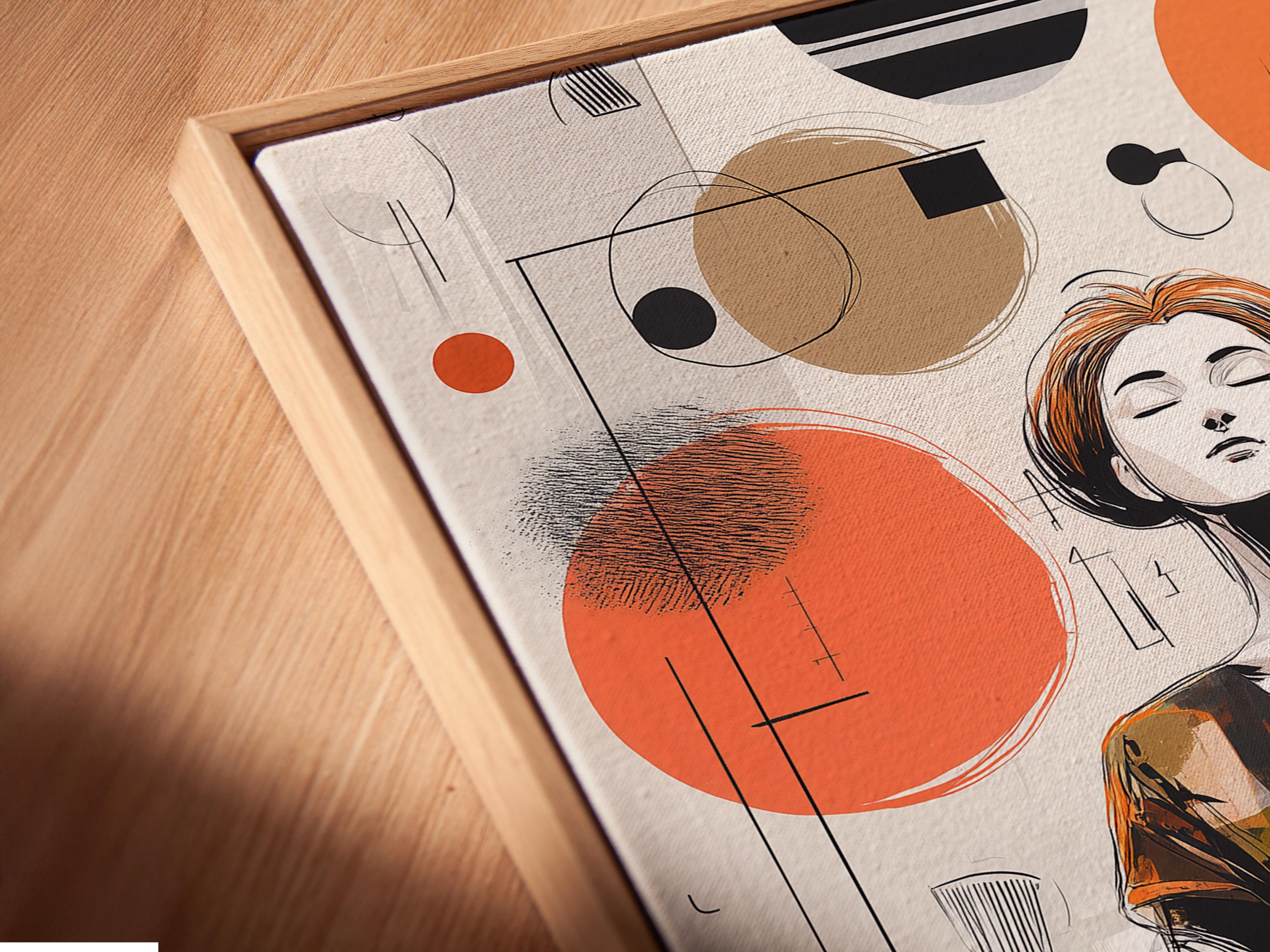 Framed artwork showing a woman meditating with floating geometric circles in orange, teal and charcoal detail view