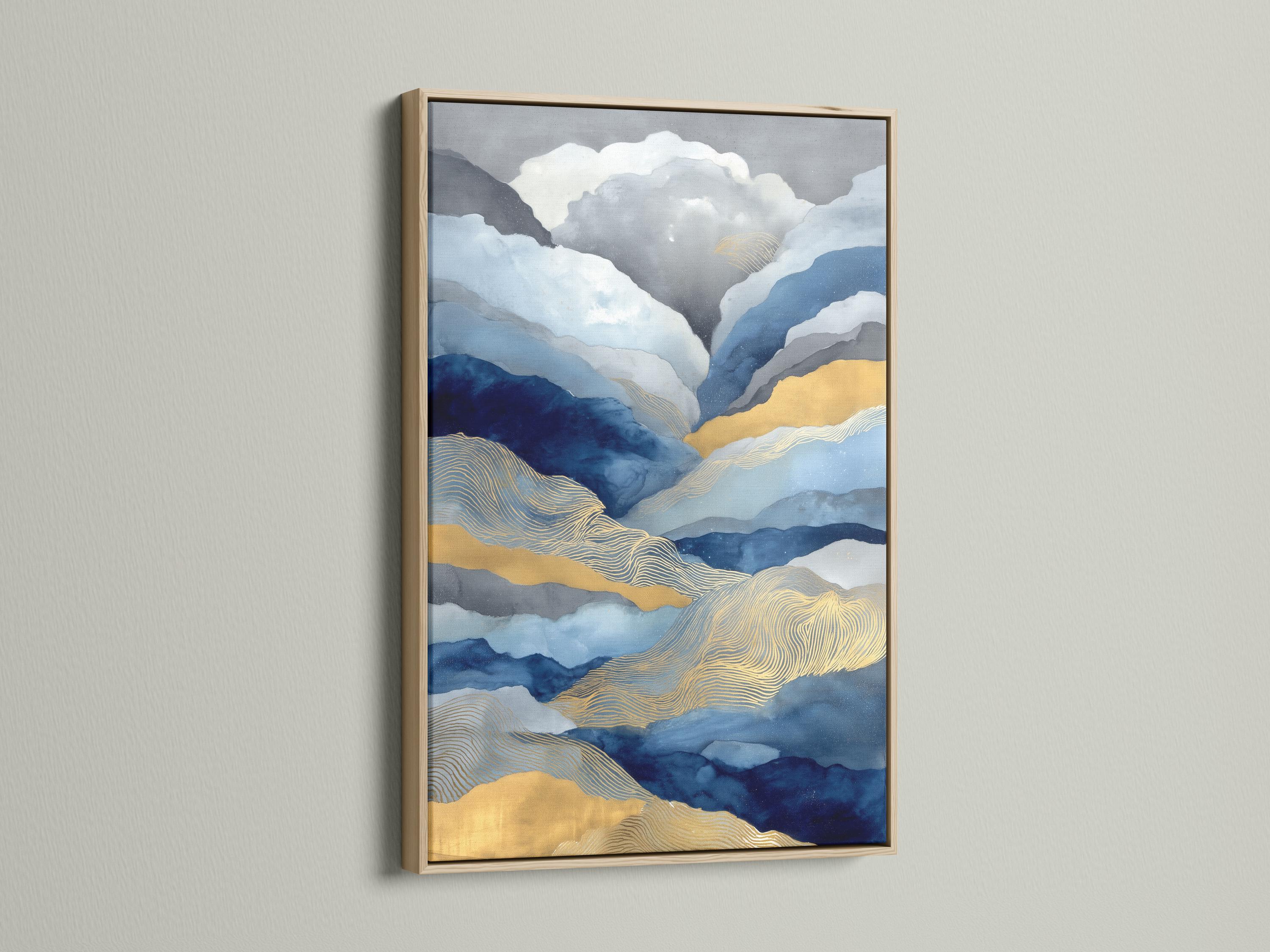 Abstract landscape with layered blue mountains, flowing contour lines, and warm gold highlights detail view