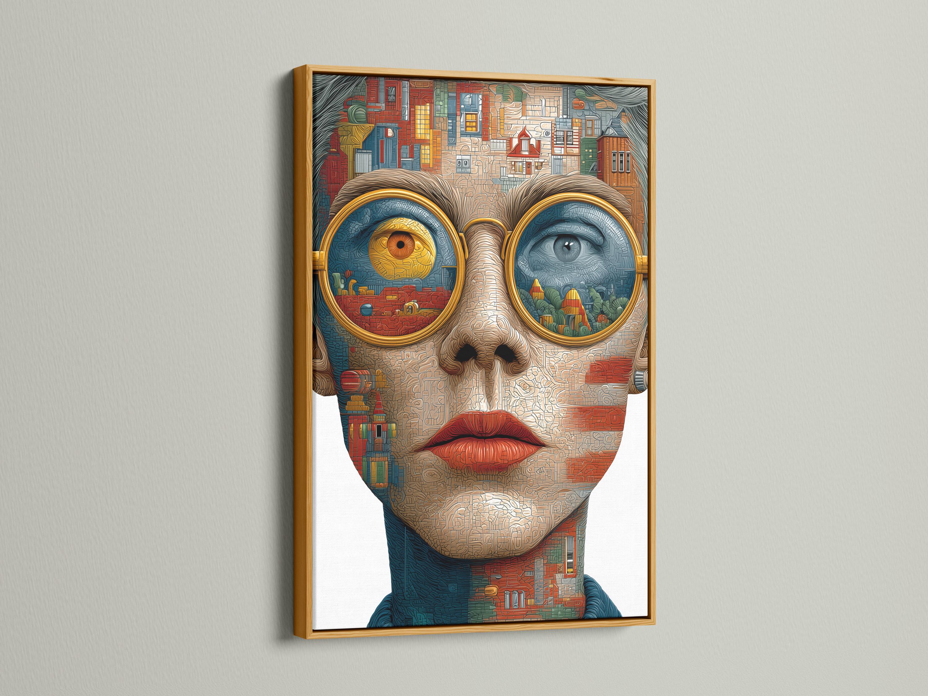 Surreal woman face artwork made from cityscape building details and oversized gold and blue eyes detail view