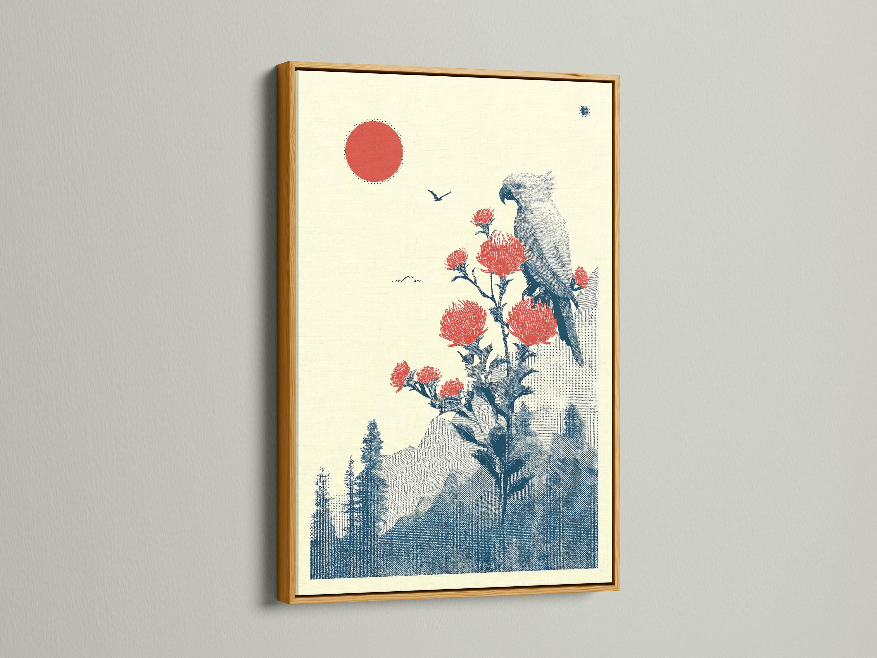 Blue bird perched on a flowering branch with red blossoms, red sun and blue landscape background detail view