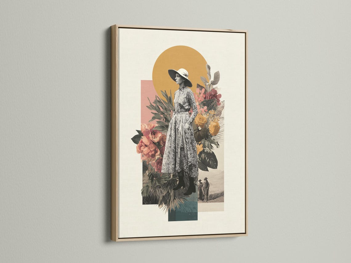 Vintage collage of a woman in a hat with tropical leaves and flowers against an ochre sun disc detail view