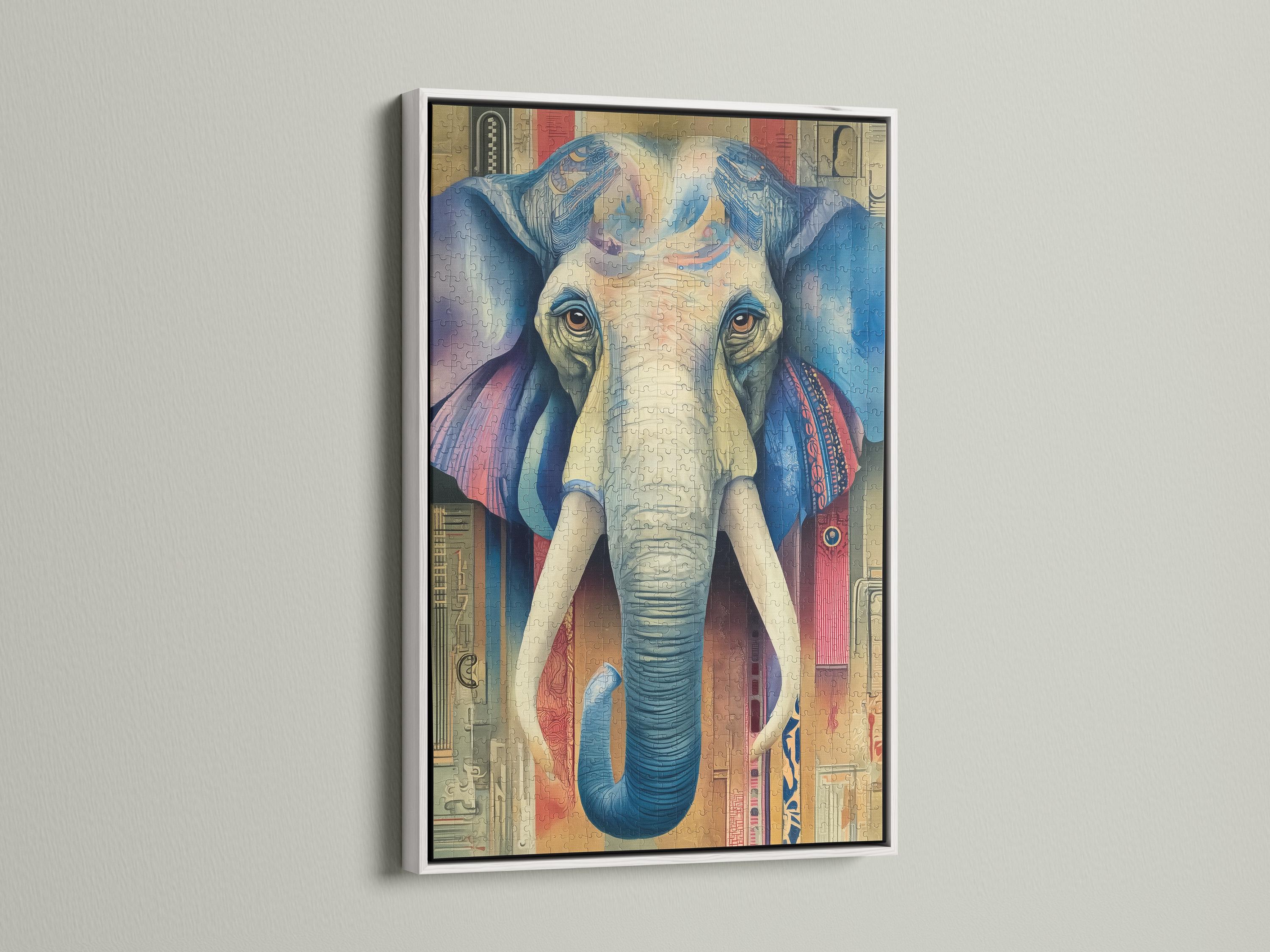 A stylised blue elephant portrait with patterned, map-like details sits centre-stage within a colourful, vintage-inspired background detail view