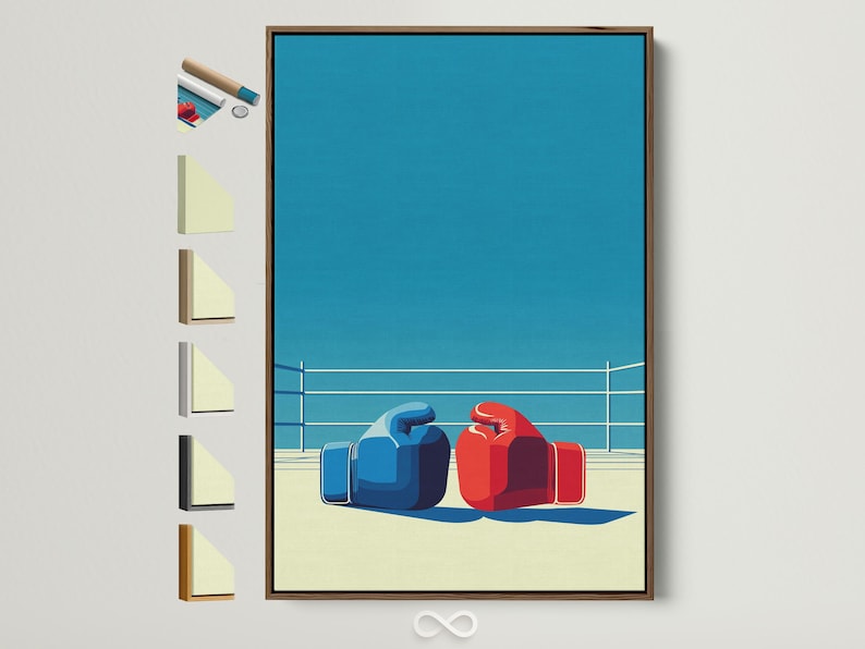 Stylised boxing ring with blue and red gloves and white ropes against a blue background