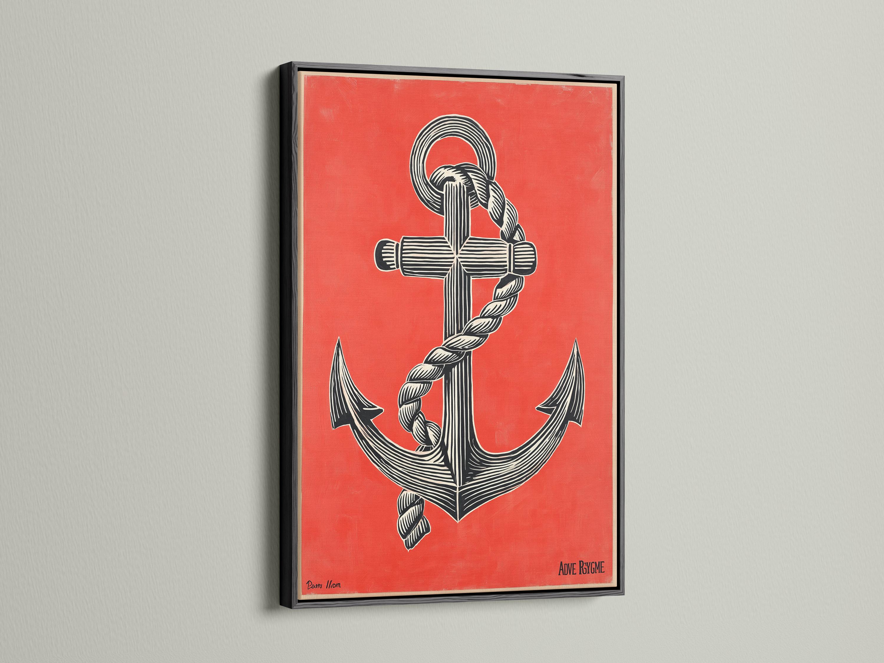 Coral red anchor illustration with black and cream rope-like stripes and ring details detail view