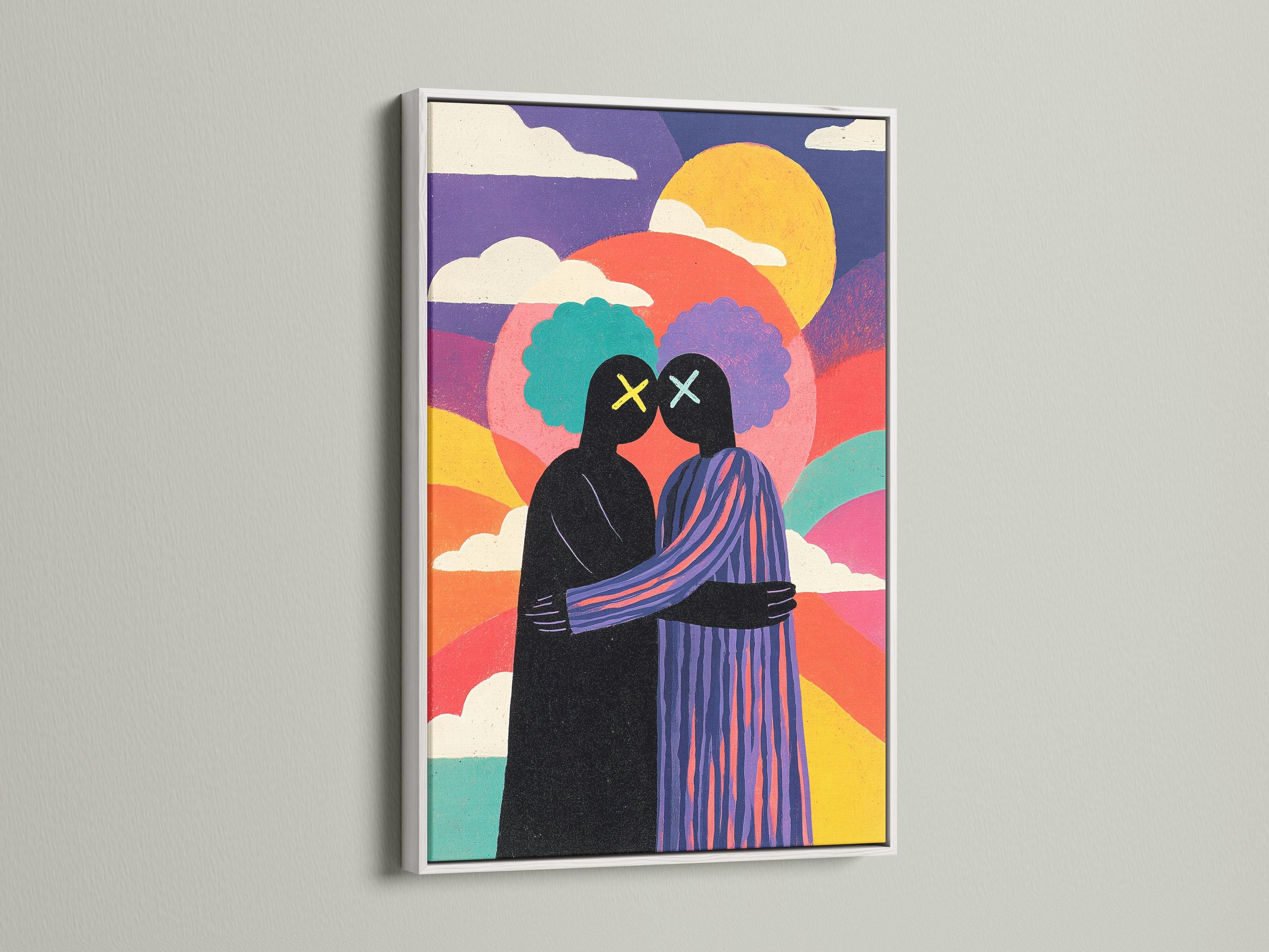 Mockup showing a framed artwork of a colourful sunset couple silhouette on a white wall