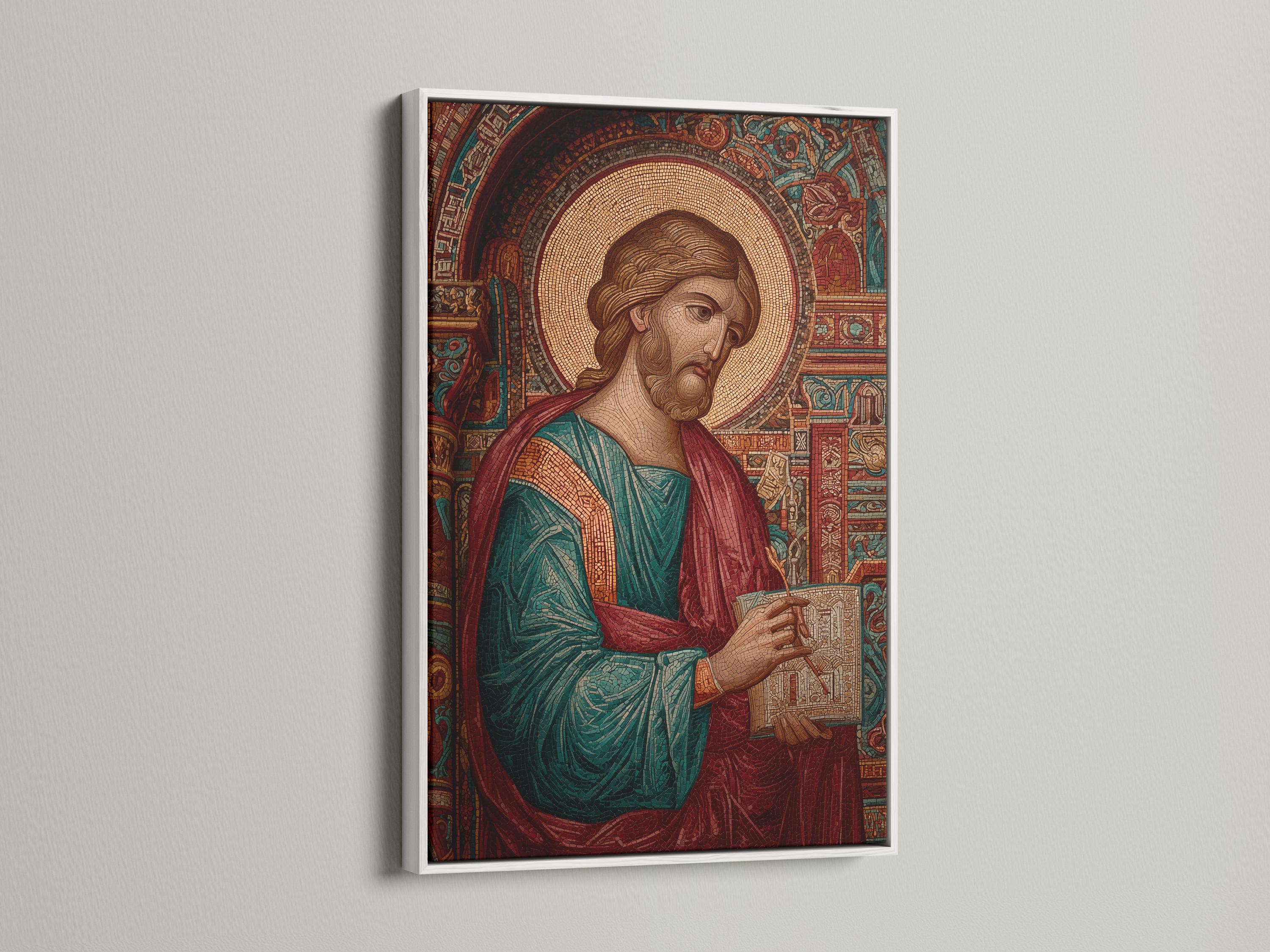 Mosaic-style saint portrait with gold halo, arched patterned background and red teal robes detail view