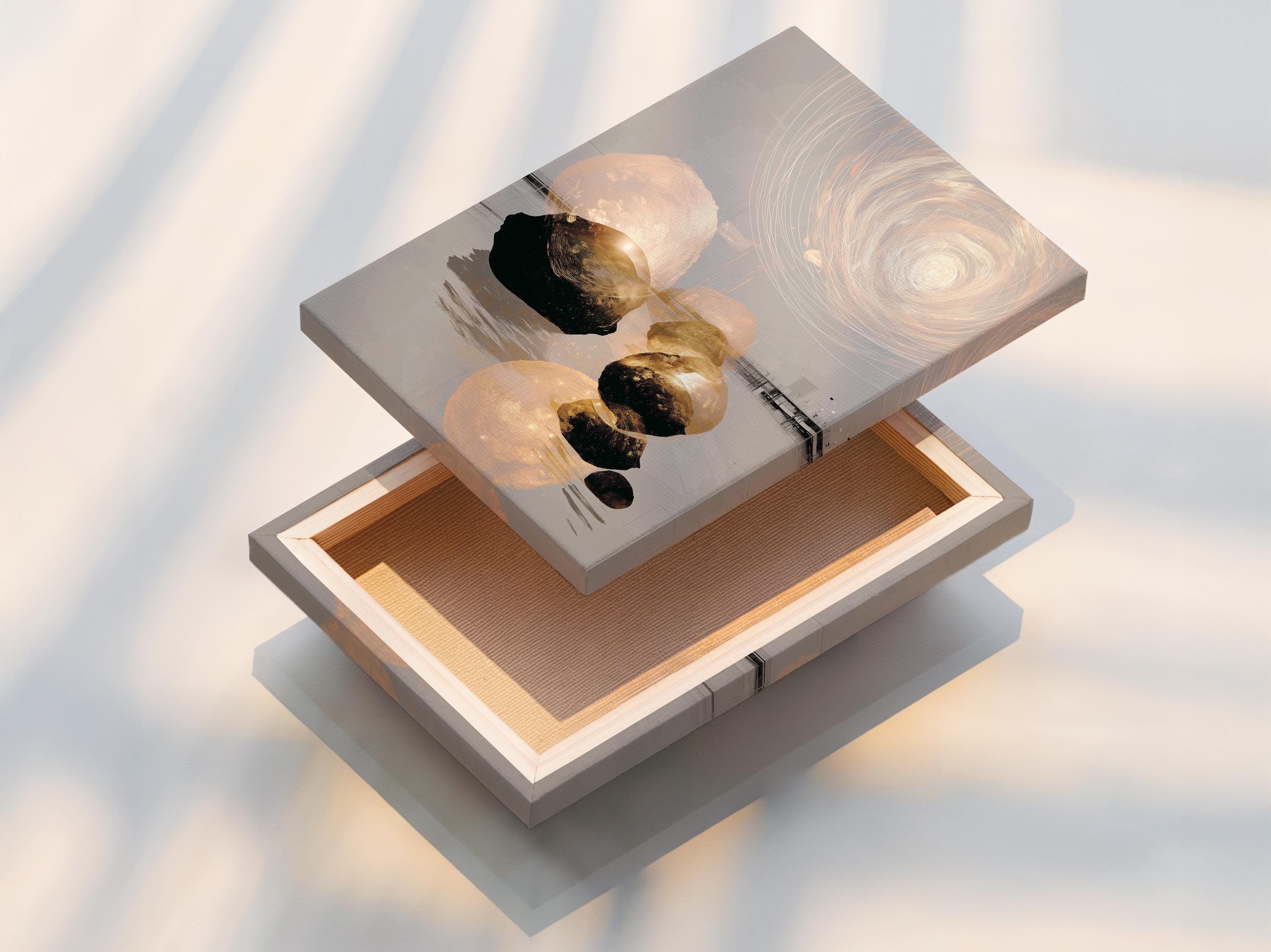 Neutral abstract stone landscape with a pale circular swirl and subtle gold accents detail view