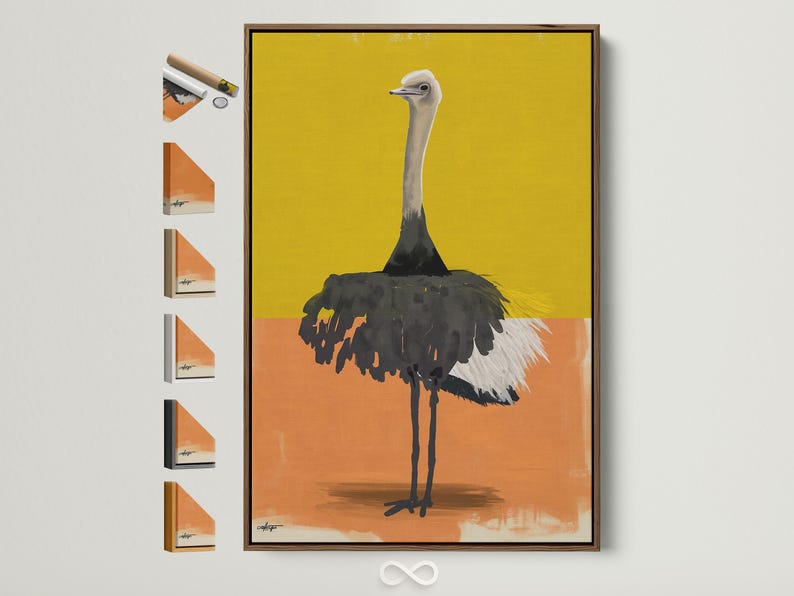 Stylised ostrich portrait in yellow and orange colour blocks with textured dark feathers