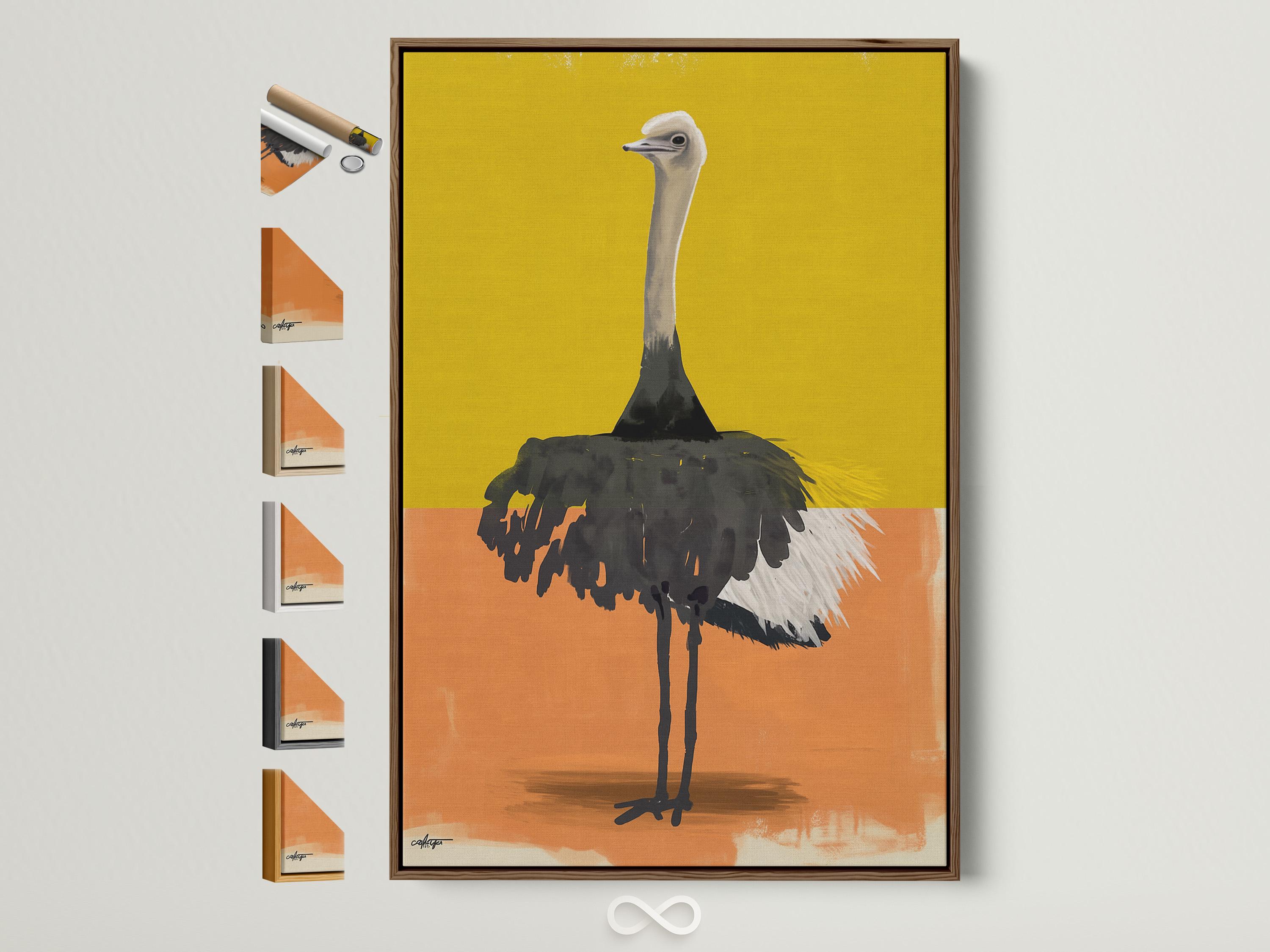 Stylised ostrich portrait in yellow and orange colour blocks with textured dark feathers