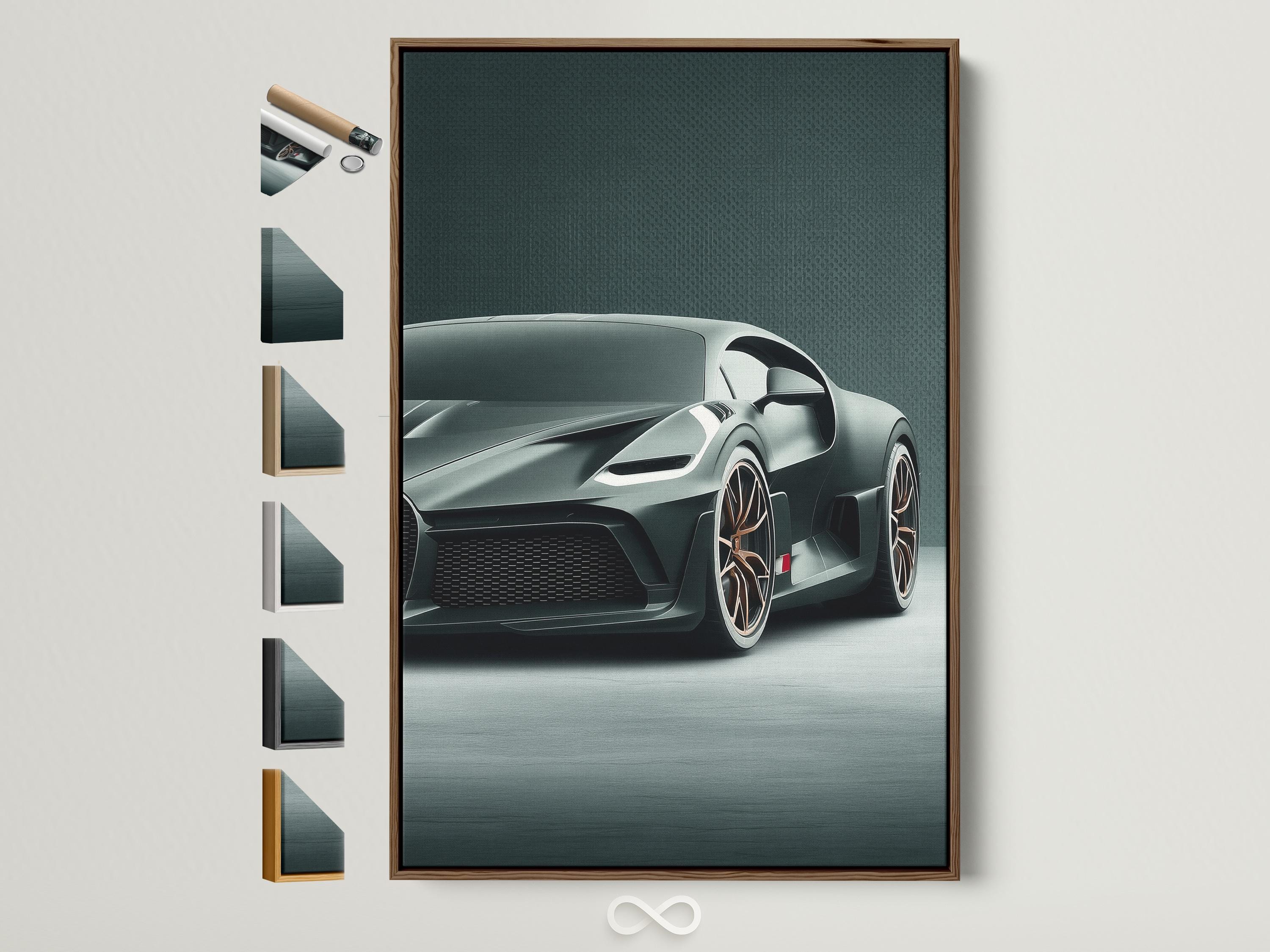 A sleek modern sports car is shown in a low-angle three-quarter view, set against a textured teal background with a cool grey floor
