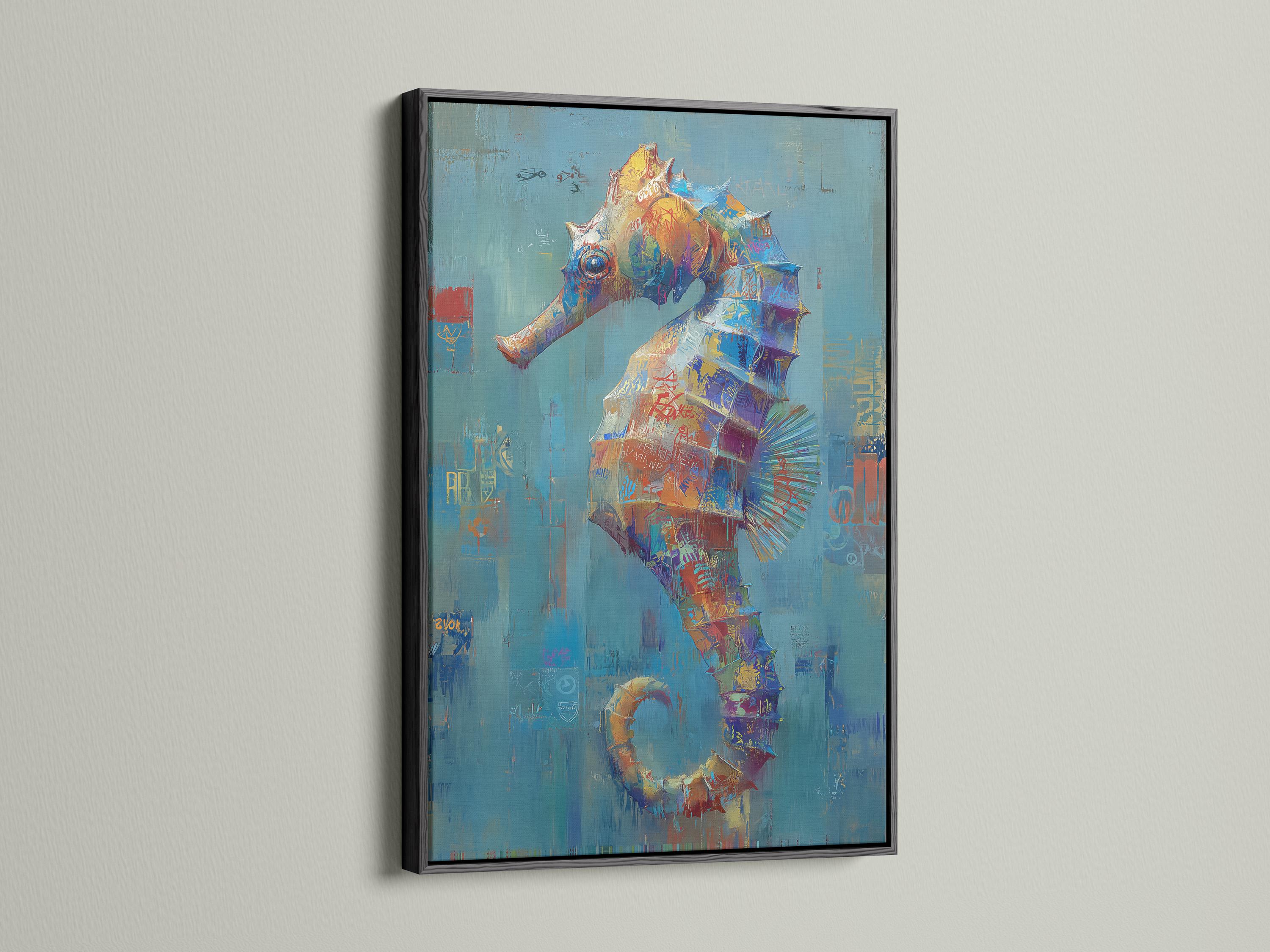 Wall mockup showing a framed abstract seahorse-like artwork with teal and coral accents