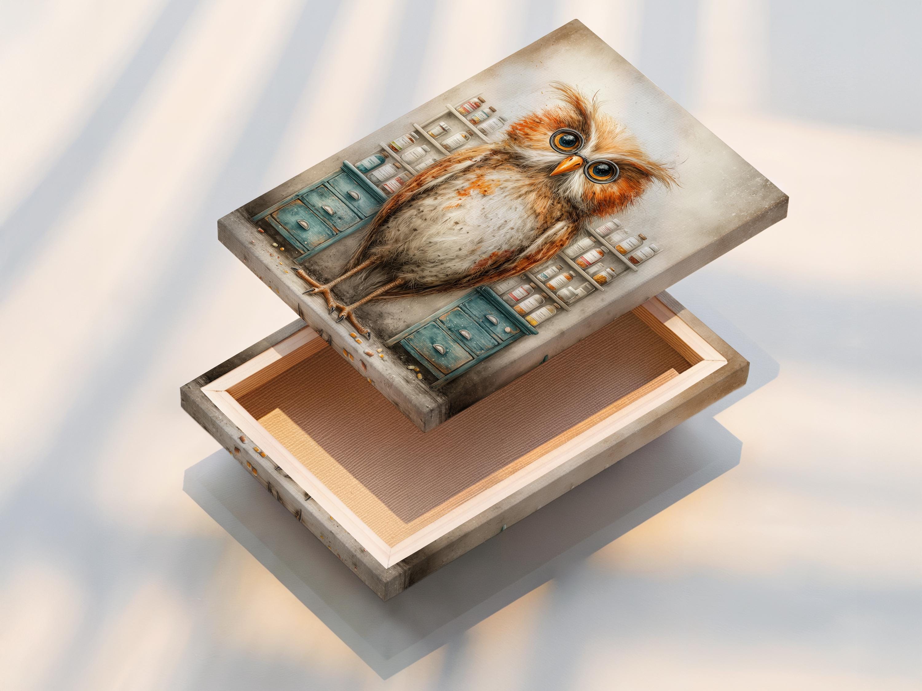 Bespectacled owl with round glasses in a vintage apothecary scene with shelves of jars and teal drawers detail view