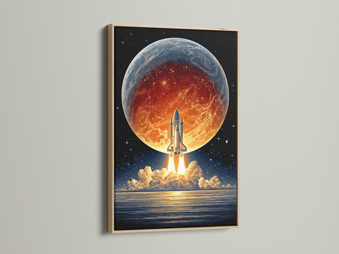 Room mockup showing a framed retro sci-fi rocket launch artwork on a wall