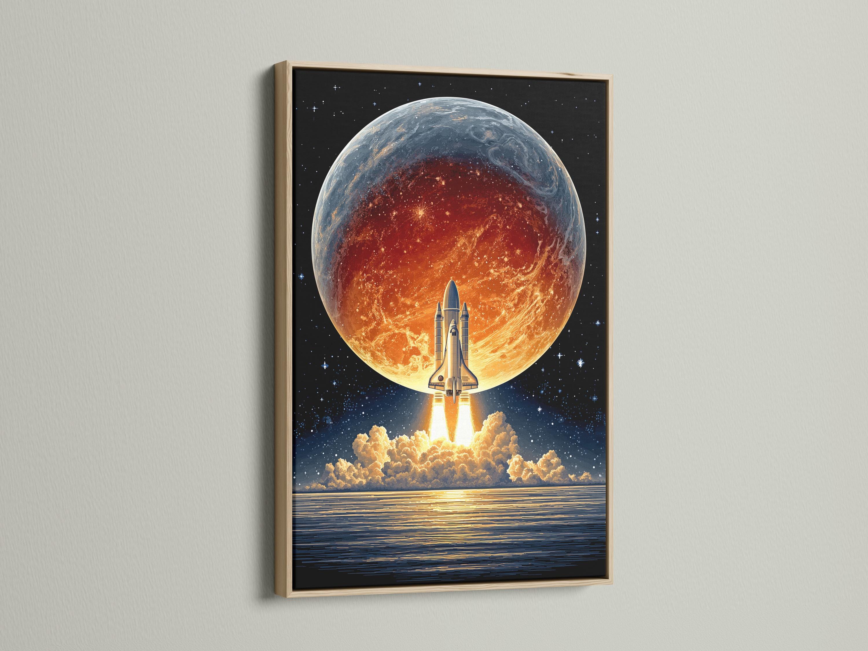Room mockup showing a framed retro sci-fi rocket launch artwork on a wall