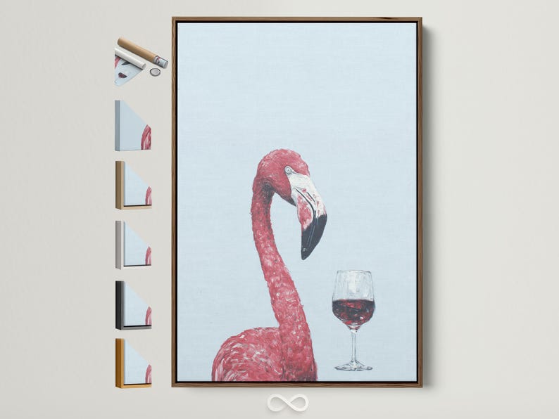 A pink flamingo is painted against a pale blue background, balancing a glass of red wine, with painterly speckled texture and soft contrast