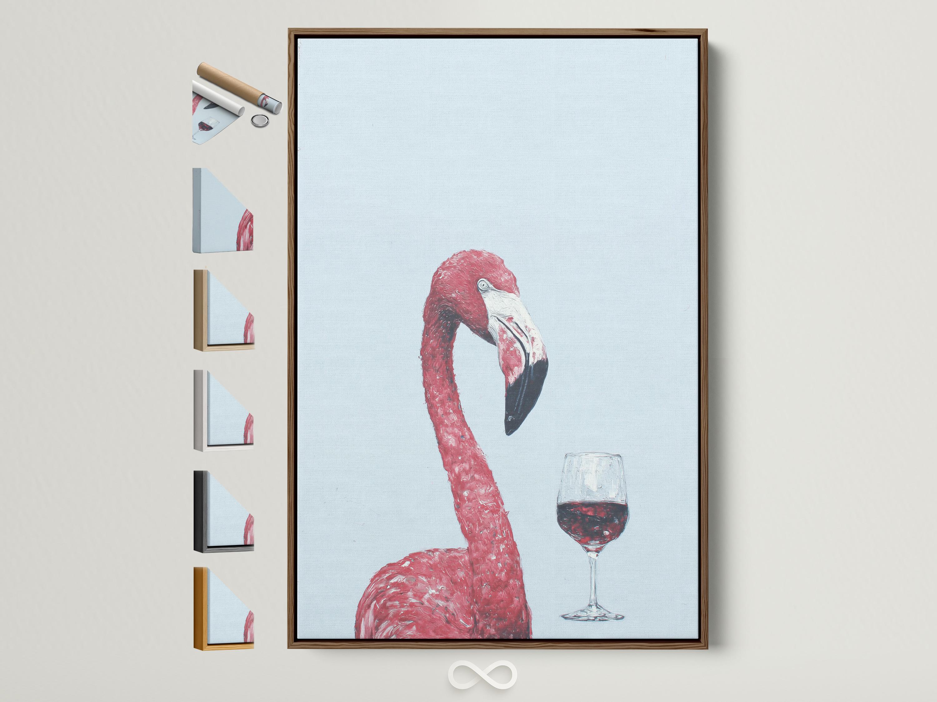 A pink flamingo is painted against a pale blue background, balancing a glass of red wine, with painterly speckled texture and soft contrast