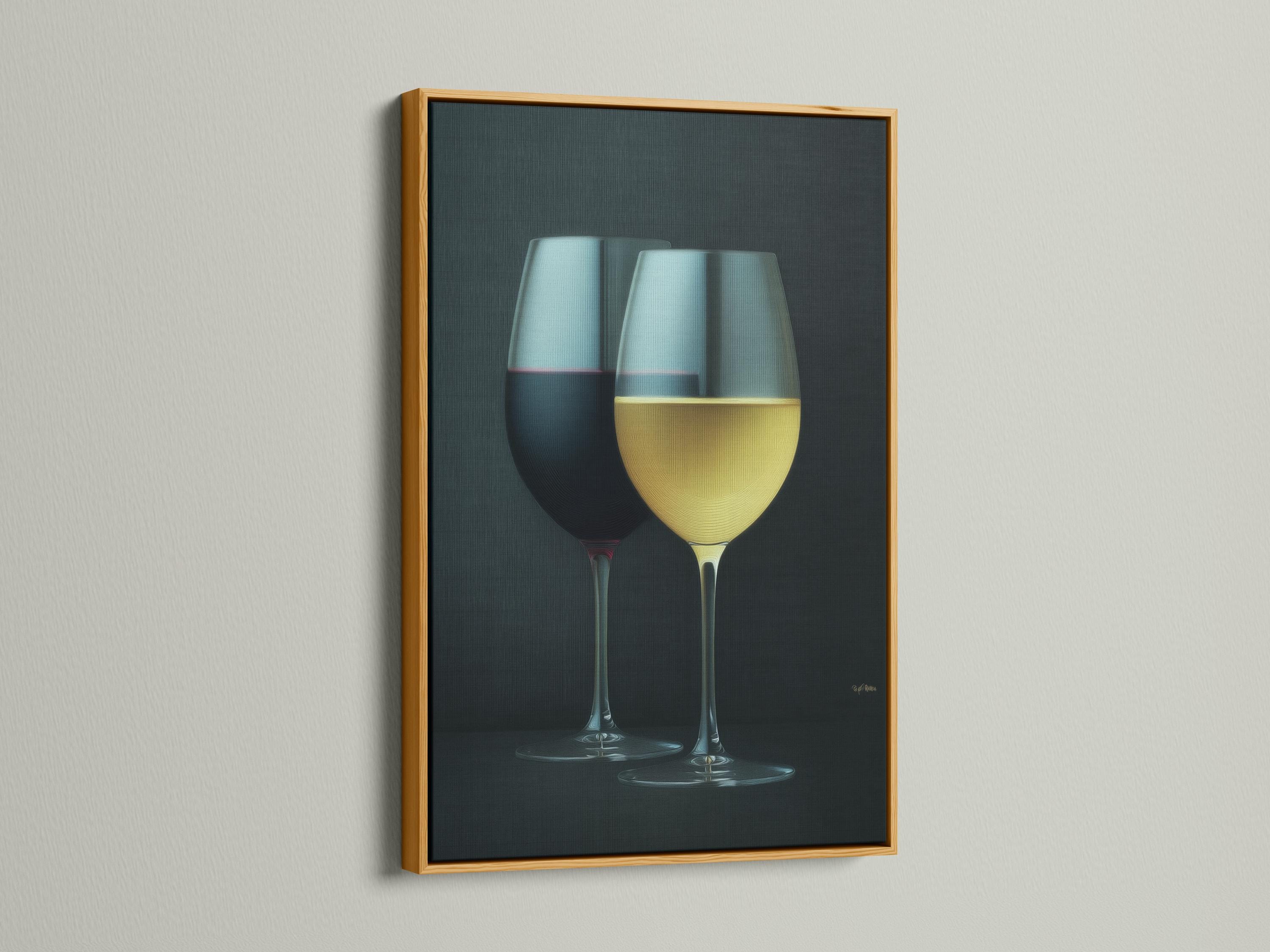 Two wine glasses with red and pale yellow drinks on a dark textured background detail view
