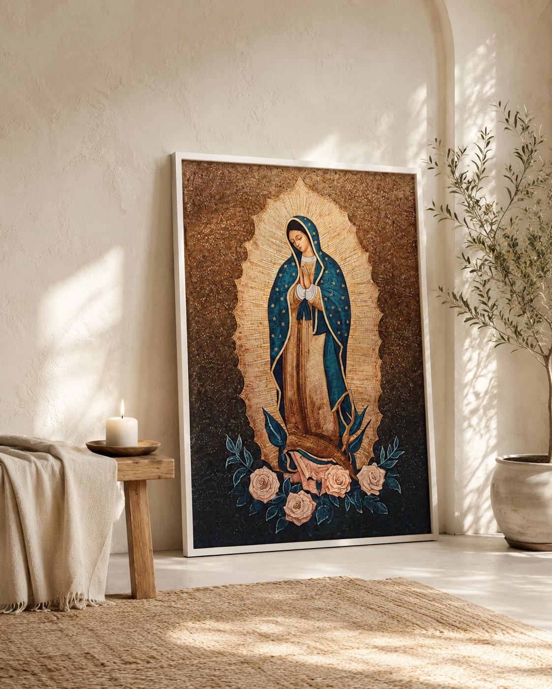 Woman praying beside a framed Virgin Mary portrait on a wall above a table with candles and flowers
