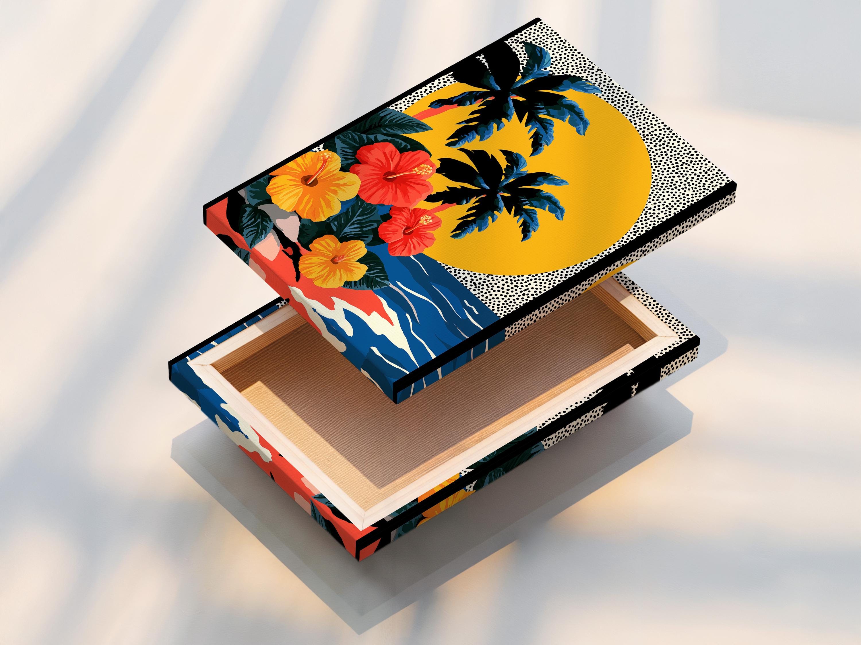 Wall mockup of tropical floral artwork with palm leaves, hibiscus-like flowers, waves and a yellow sun circle
