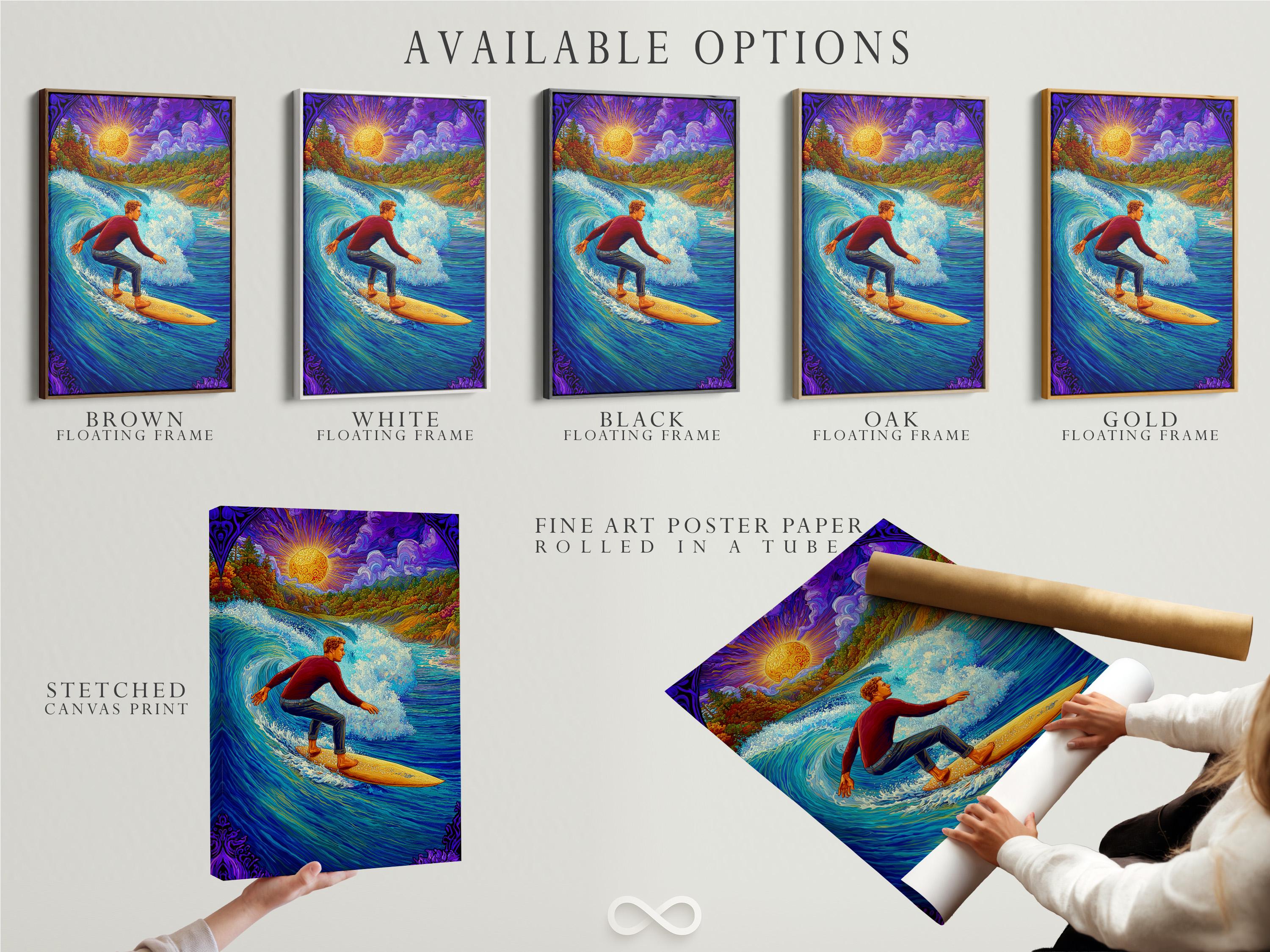 Psychedelic surfer scene with a glowing sun and vibrant ocean waves, in blue, purple and gold tones detail view