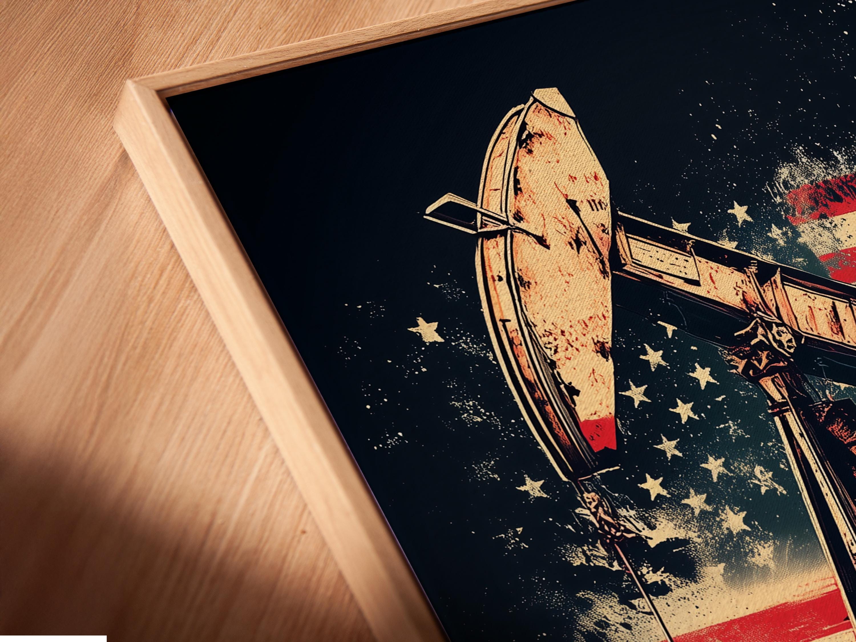 Oil rig with an American flag backdrop in red, white and blue, shown in a distressed industrial style detail view